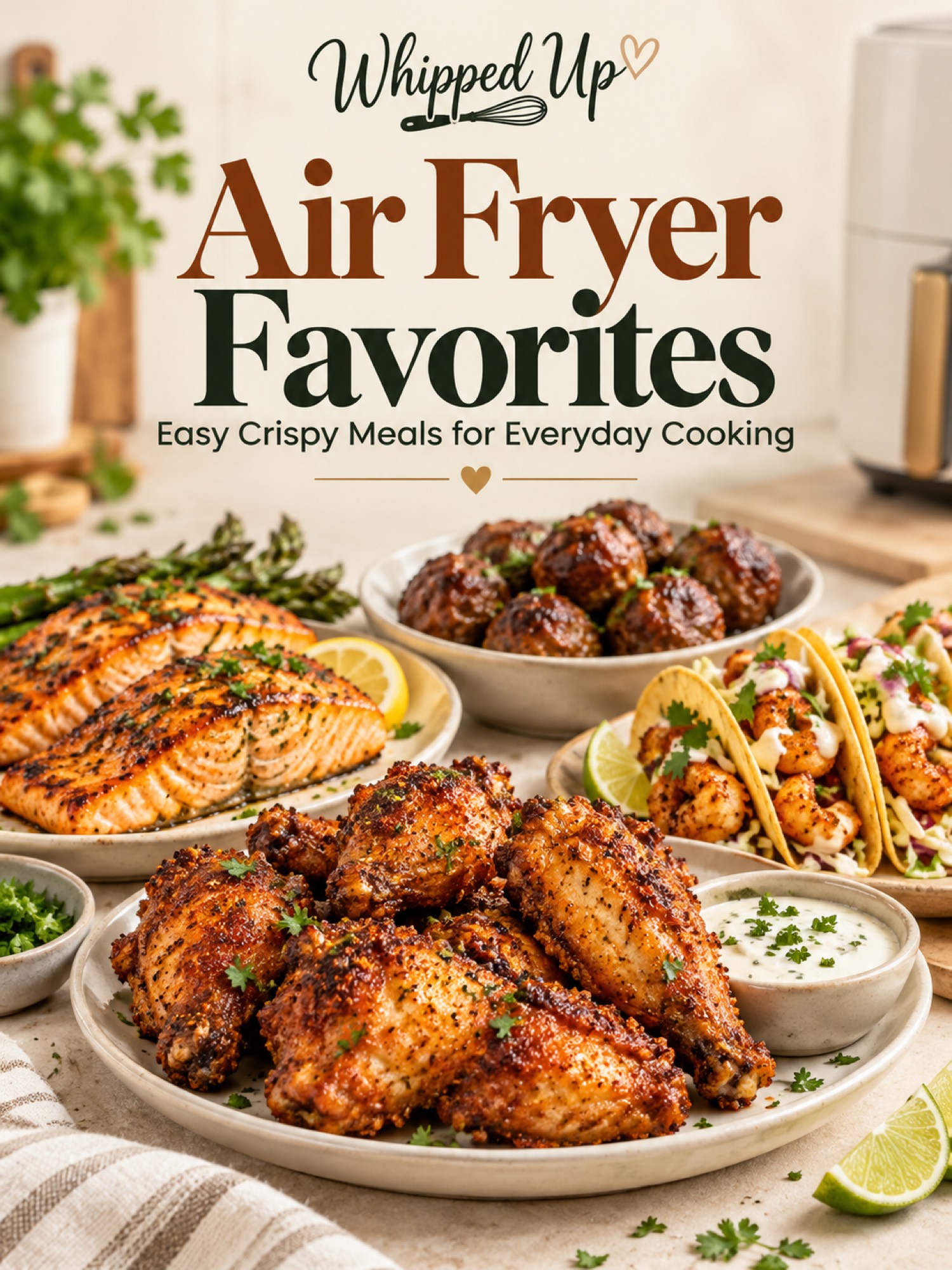 Air Fryer Favorites ebook cover showing crispy chicken, salmon, meatballs, and shrimp tacos