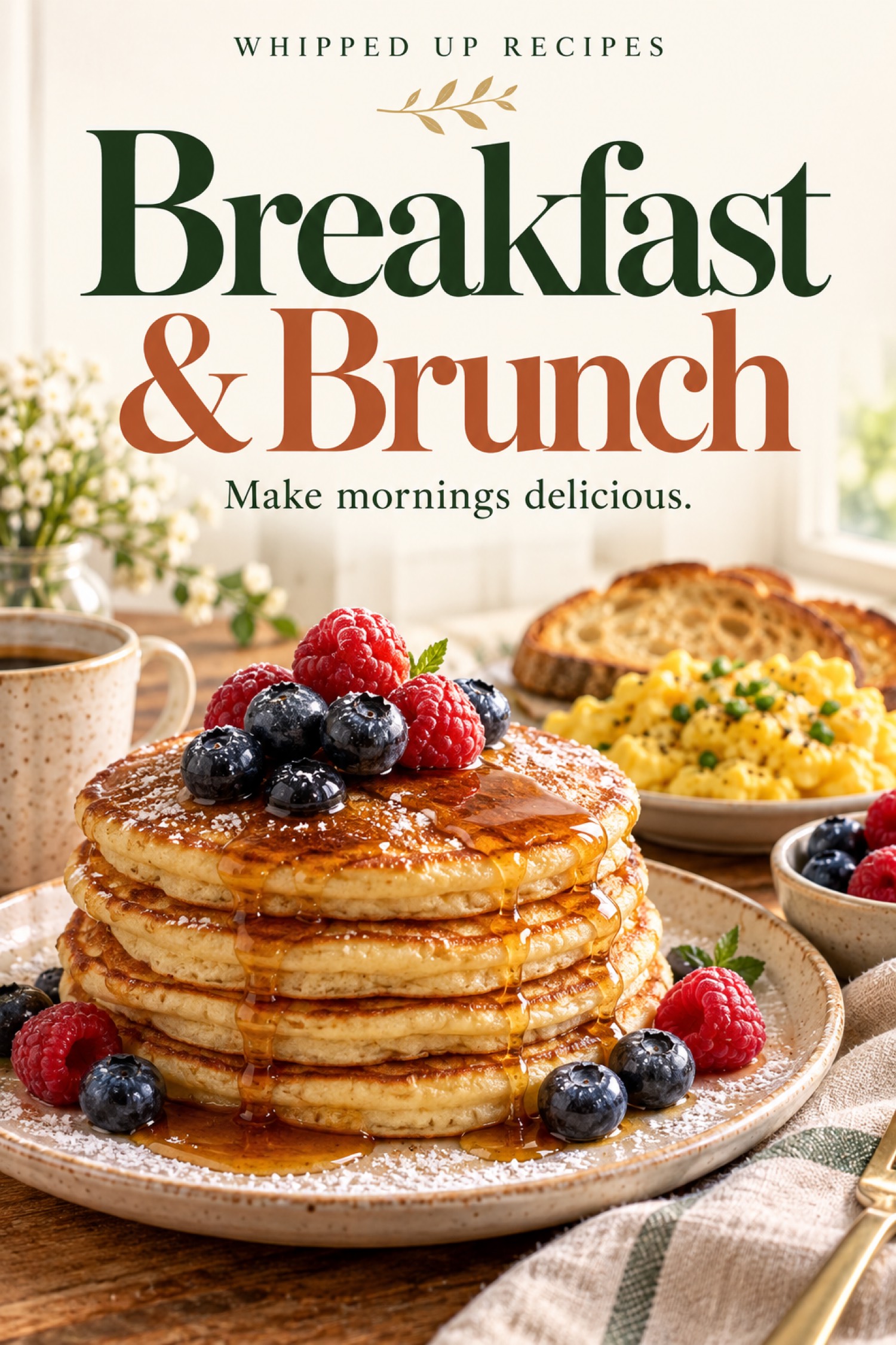 Breakfast and Brunch ebook cover with a stack of pancakes, berries, and syrup