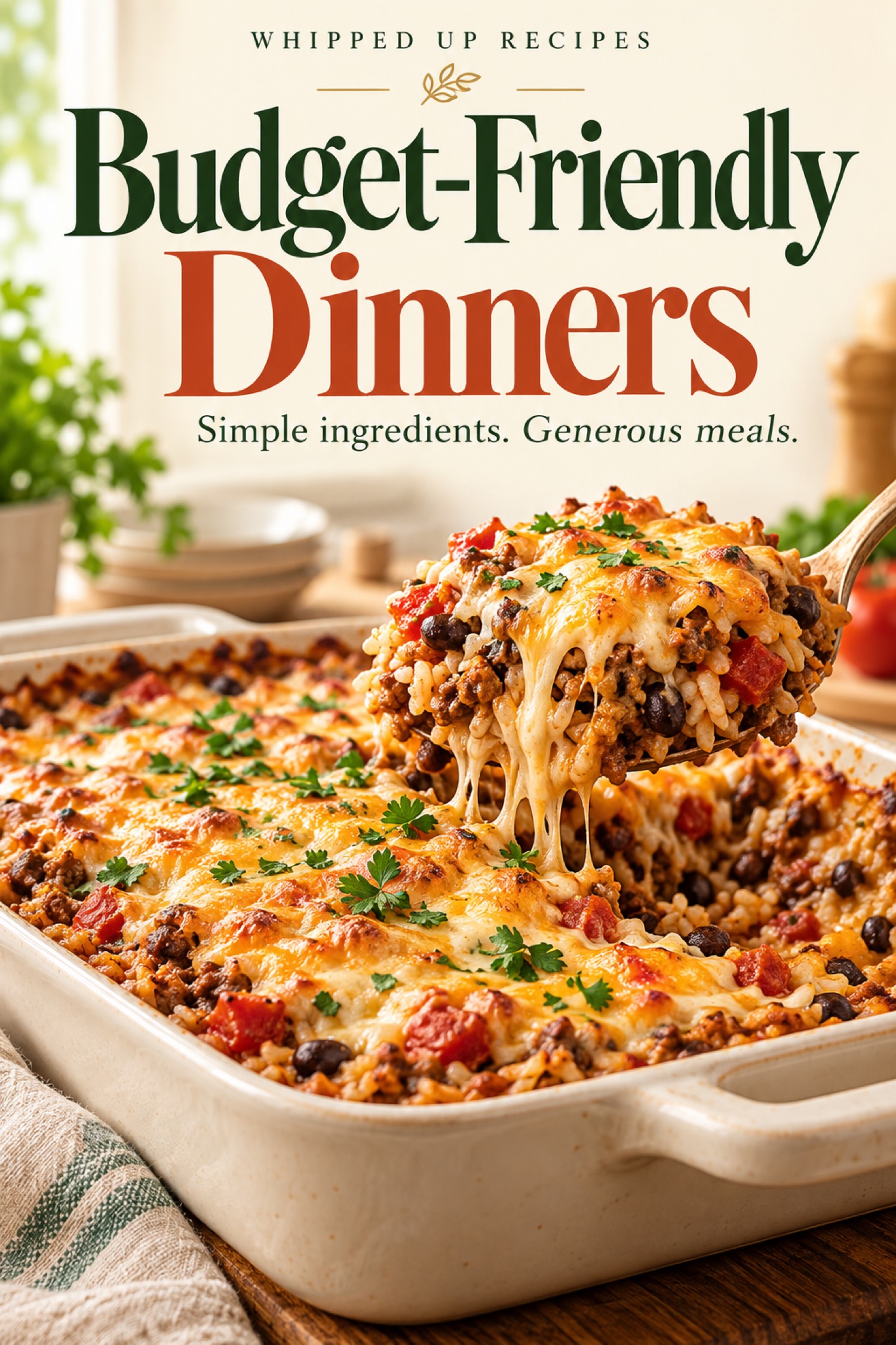 Budget-Friendly Dinners ebook cover with a cheesy rice bake on a serving spoon