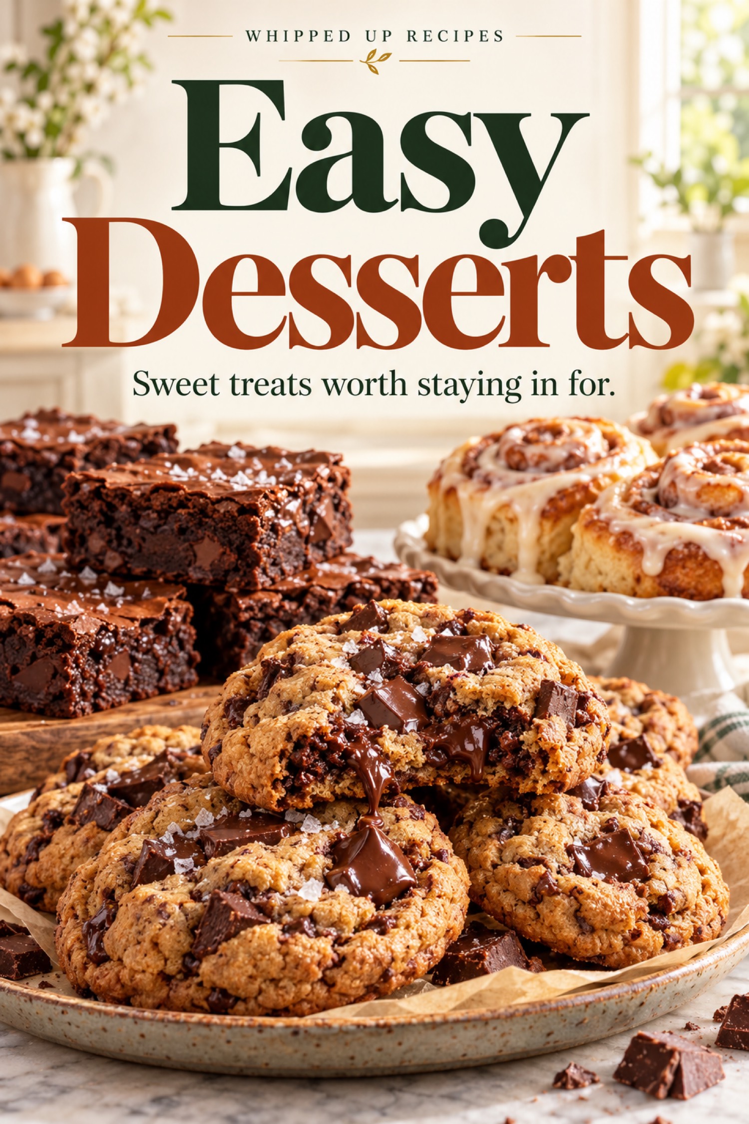 Easy Desserts ebook cover with chocolate chip cookies, brownies, and cinnamon rolls
