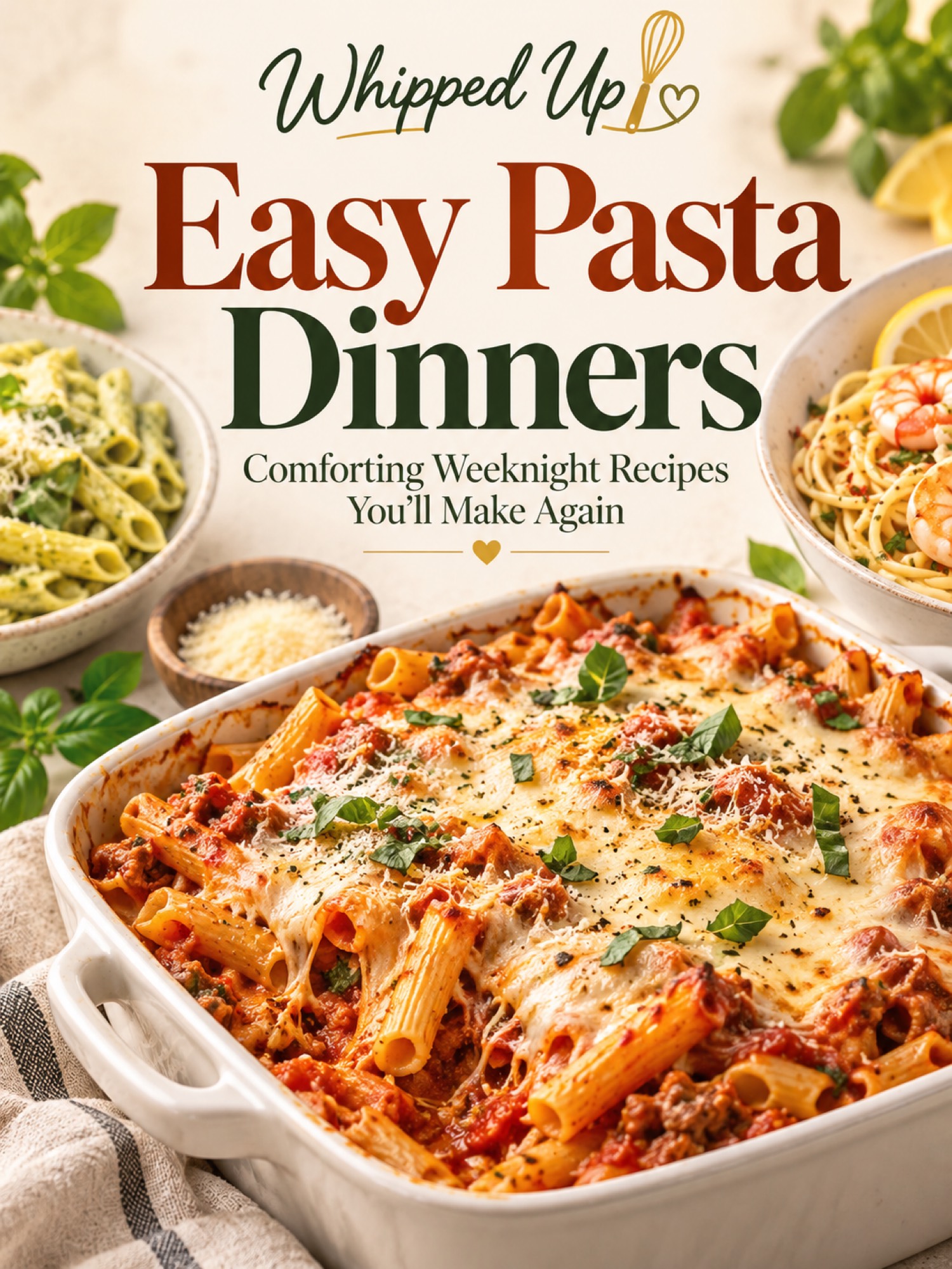 Easy Pasta Dinners ebook cover showing baked pasta, pesto penne, and shrimp spaghetti