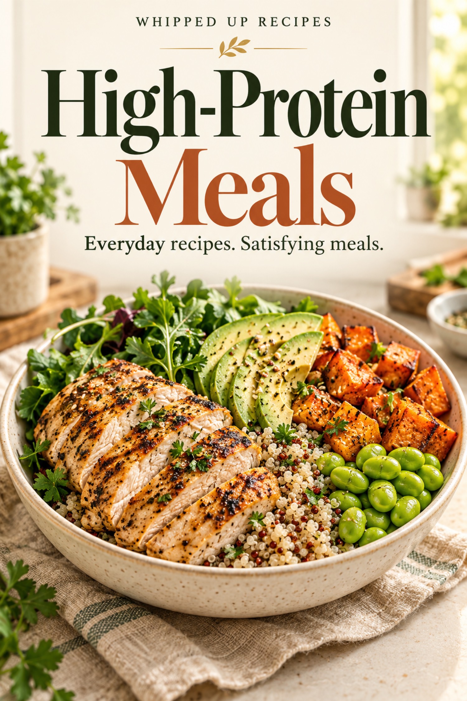 High-Protein Meals ebook cover with chicken, avocado, quinoa, and roasted sweet potato