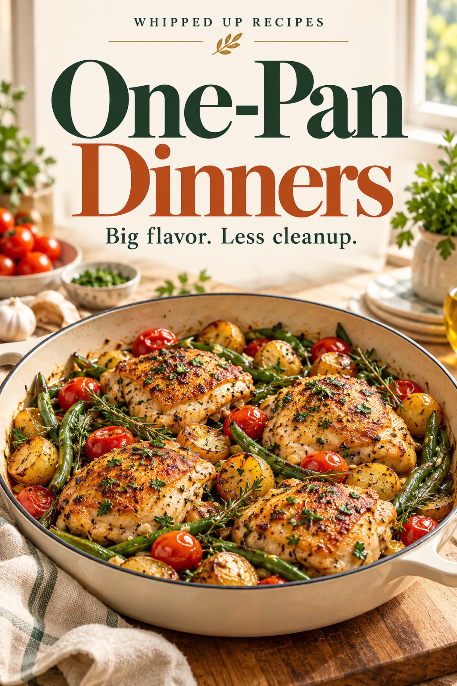 One-Pan Dinners ebook cover with chicken, potatoes, green beans, and tomatoes in a skillet