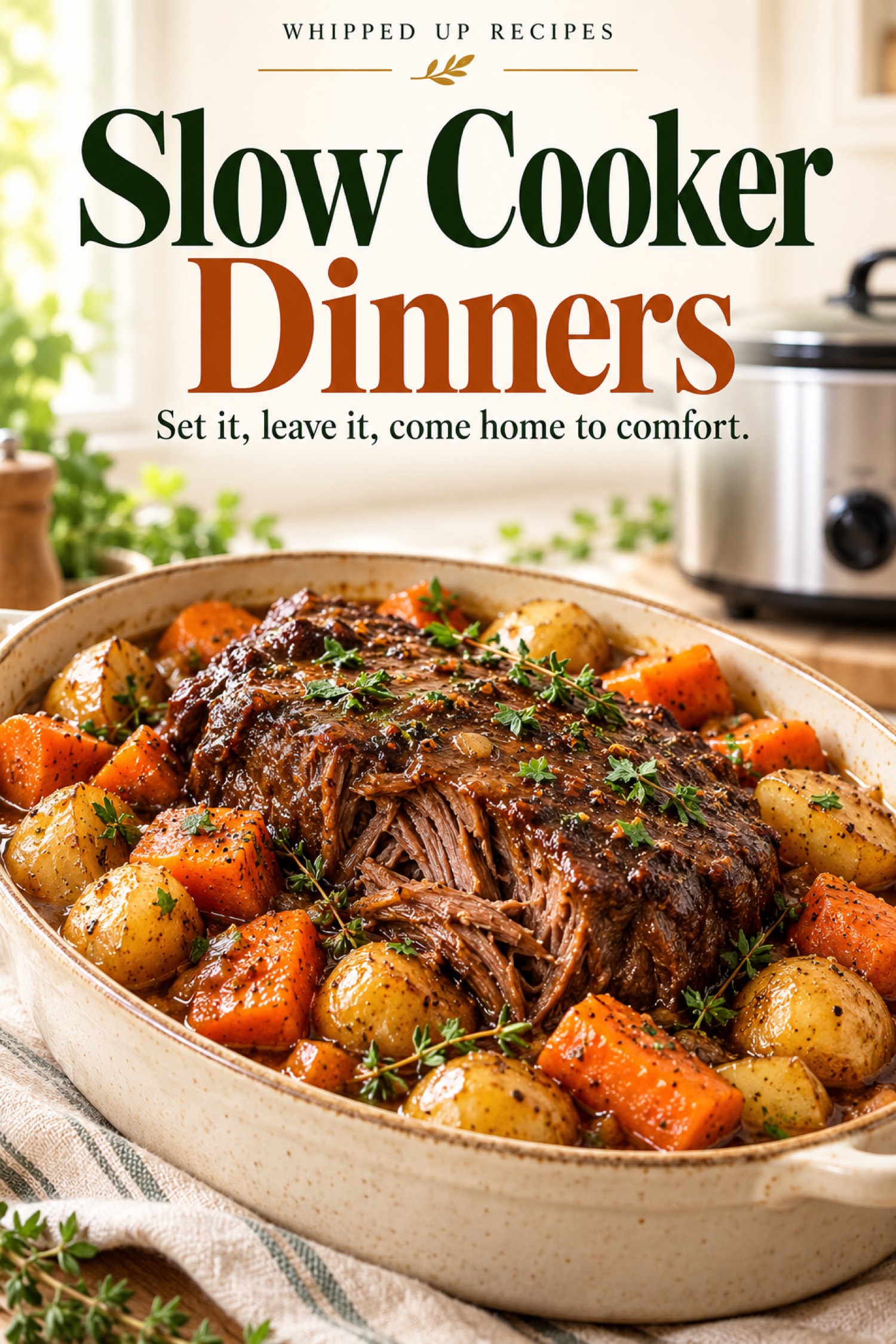 Slow Cooker Dinners ebook cover with pot roast, potatoes, and carrots