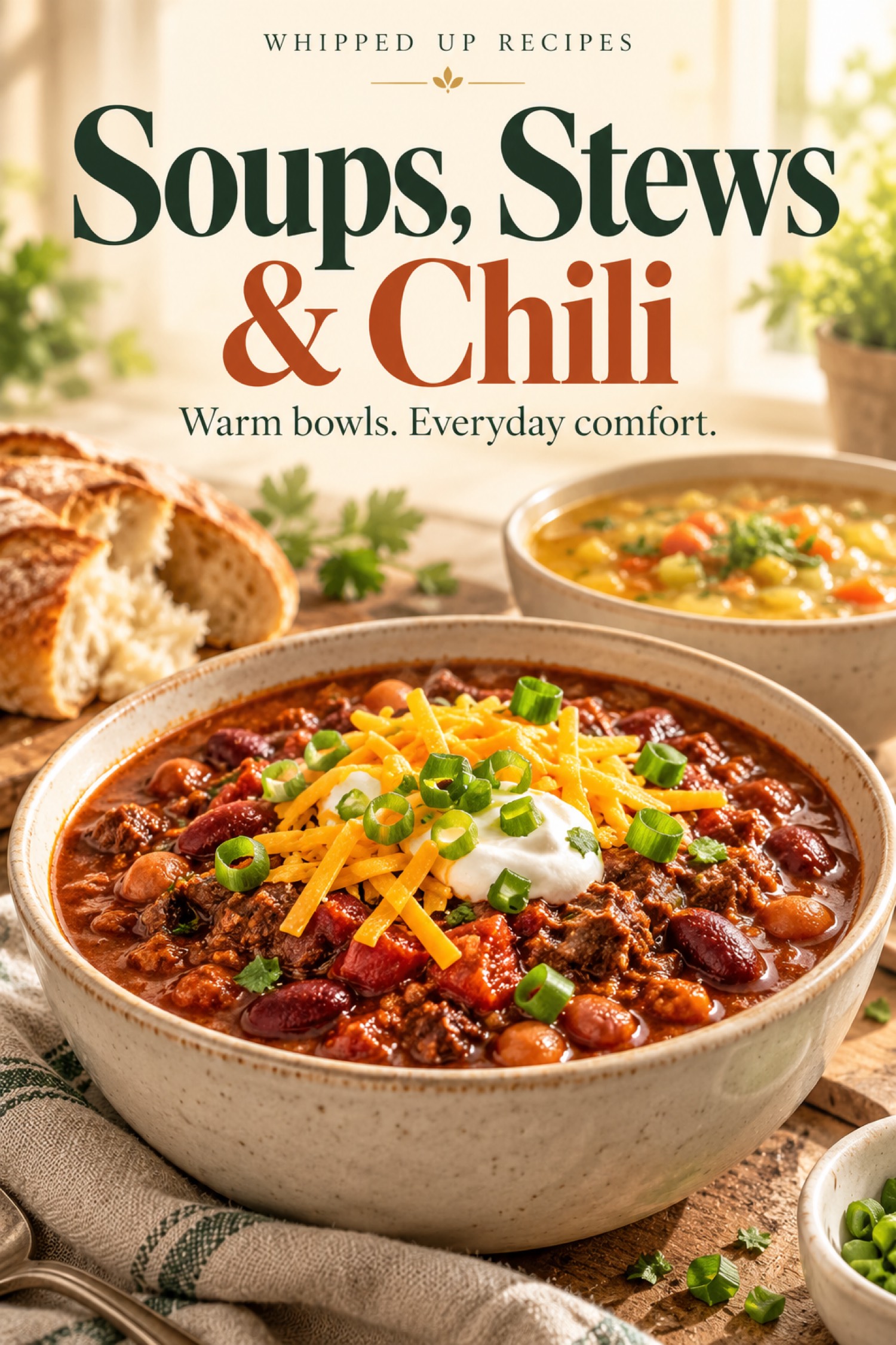 Soups, Stews and Chili ebook cover with a bowl of chili, shredded cheese, and bread