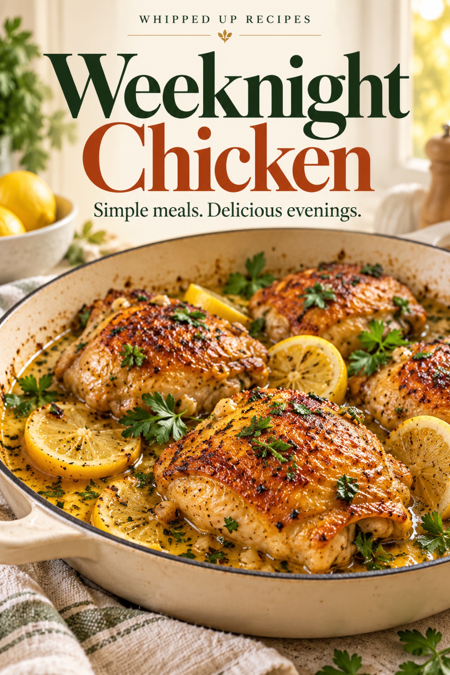 Weeknight Chicken ebook cover with lemon chicken thighs in a skillet