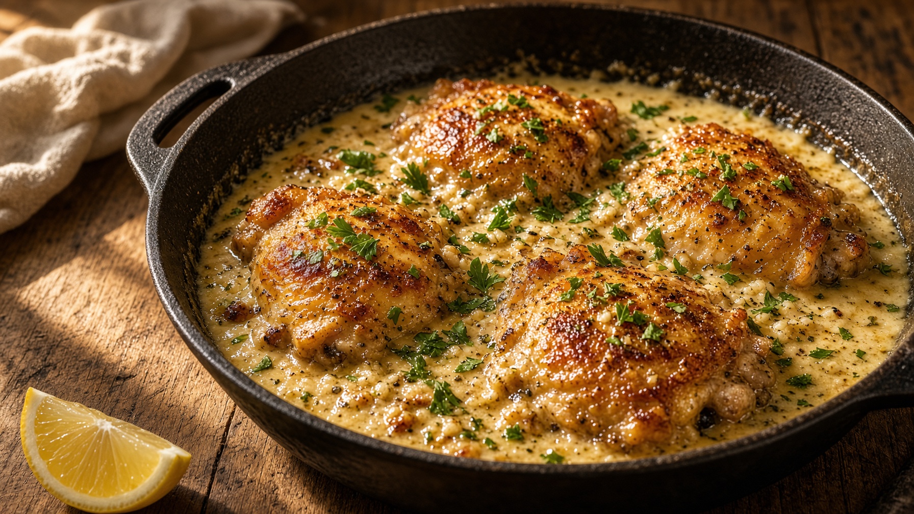 Skillet of creamy garlic chicken with parsley on a wooden table