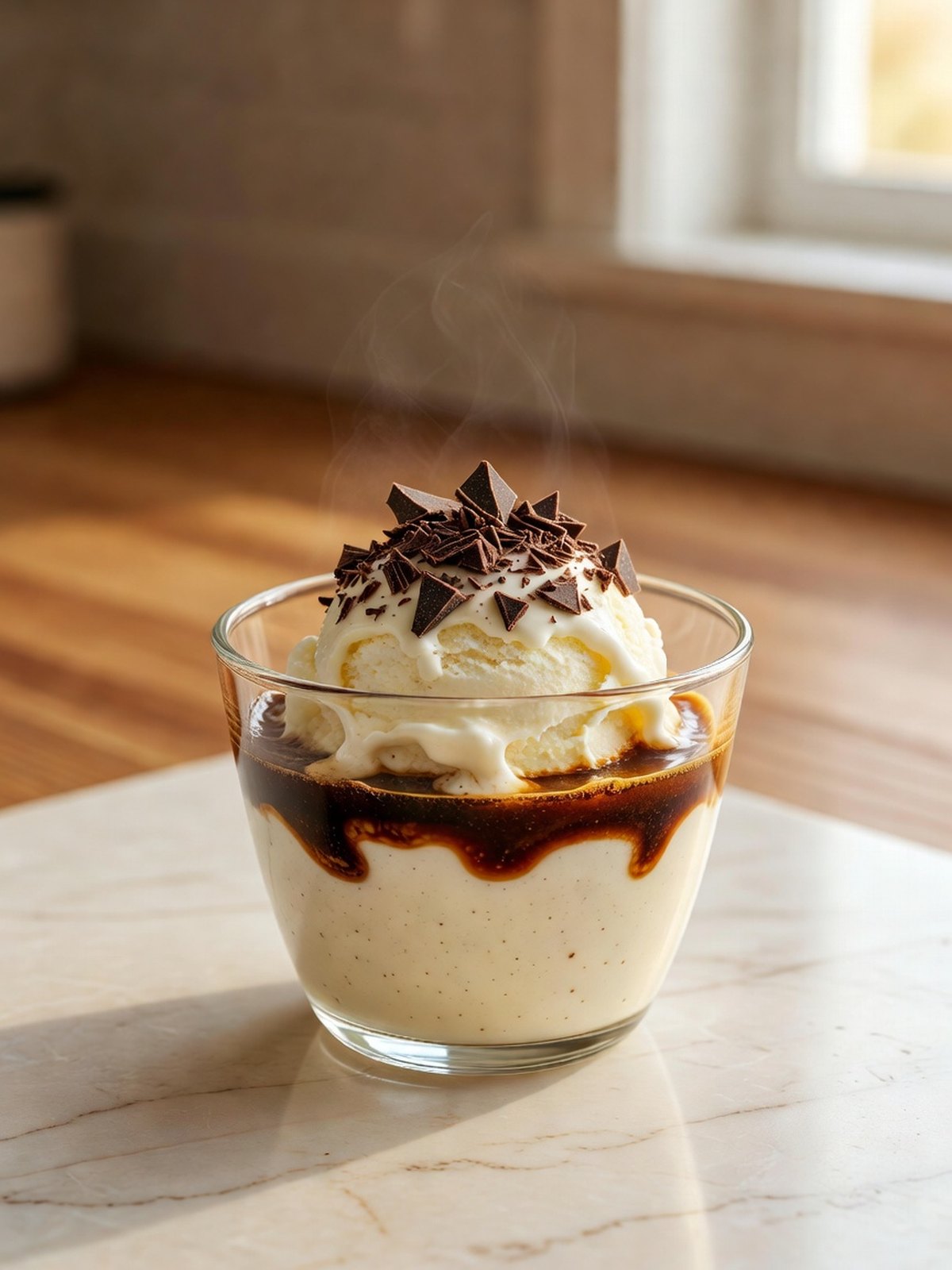 Small glass cup of vanilla ice cream with espresso pooling around it and chopped chocolate on top