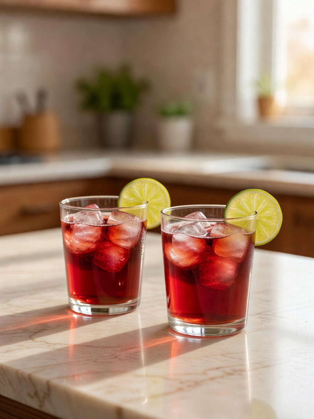 Glasses of deep red hibiscus drink over ice with lime wedges on the rims