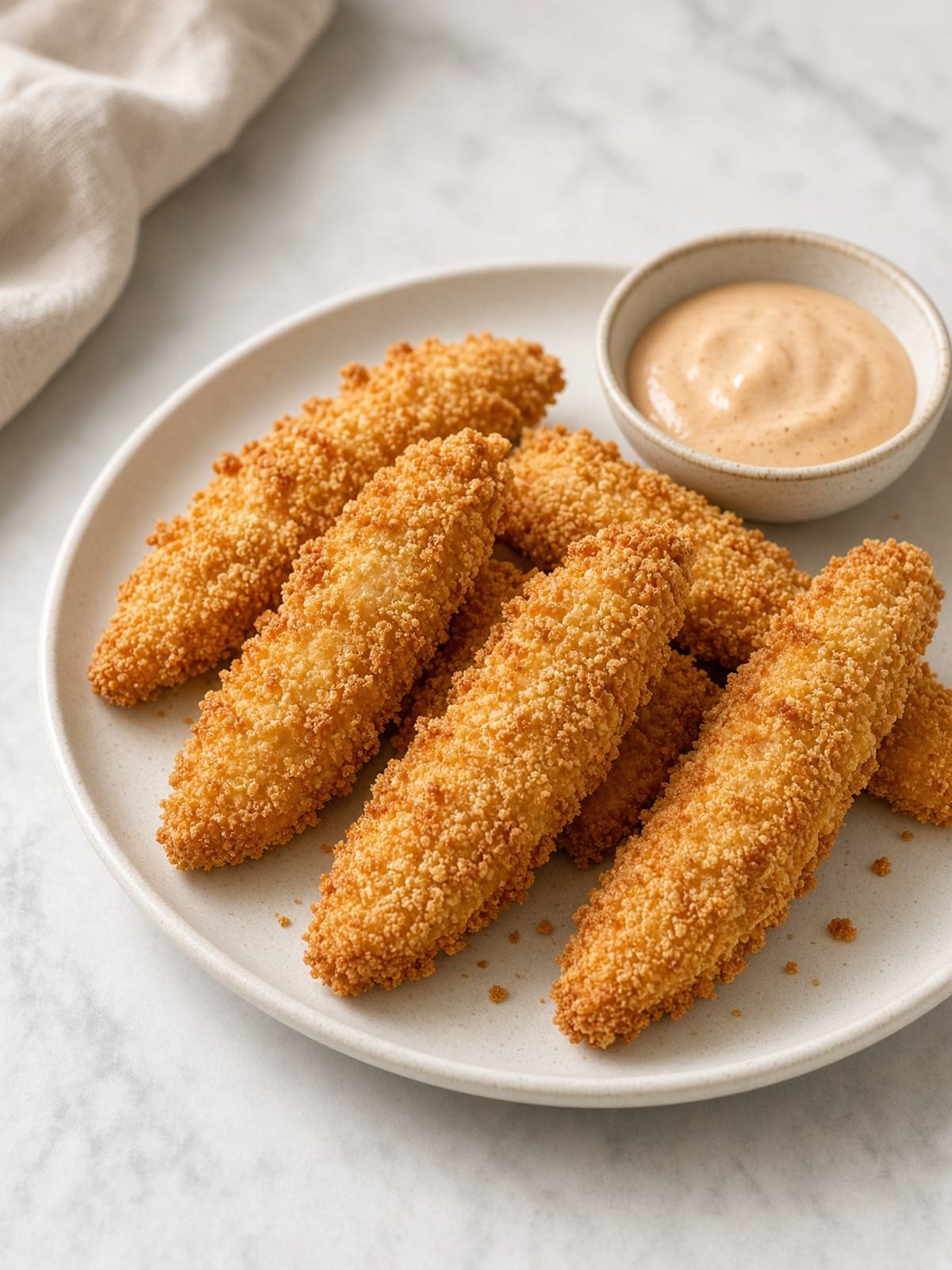 Breaded chicken tenders in an air fryer basket.