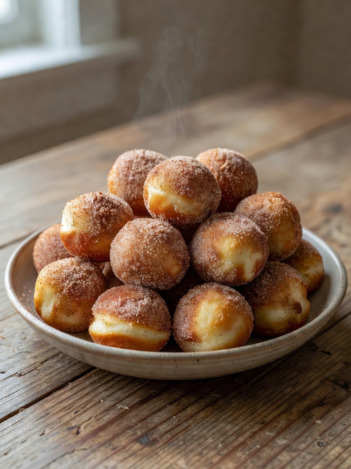 Pile of golden air-fried cinnamon sugar donut holes on a plate