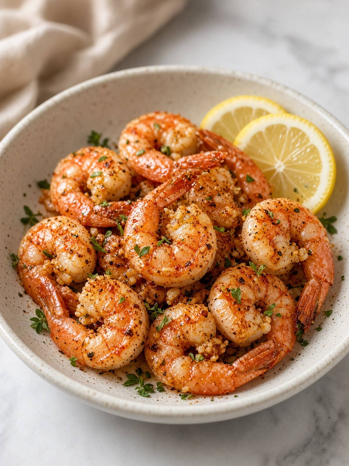 Garlic shrimp in an air fryer basket with parsley.