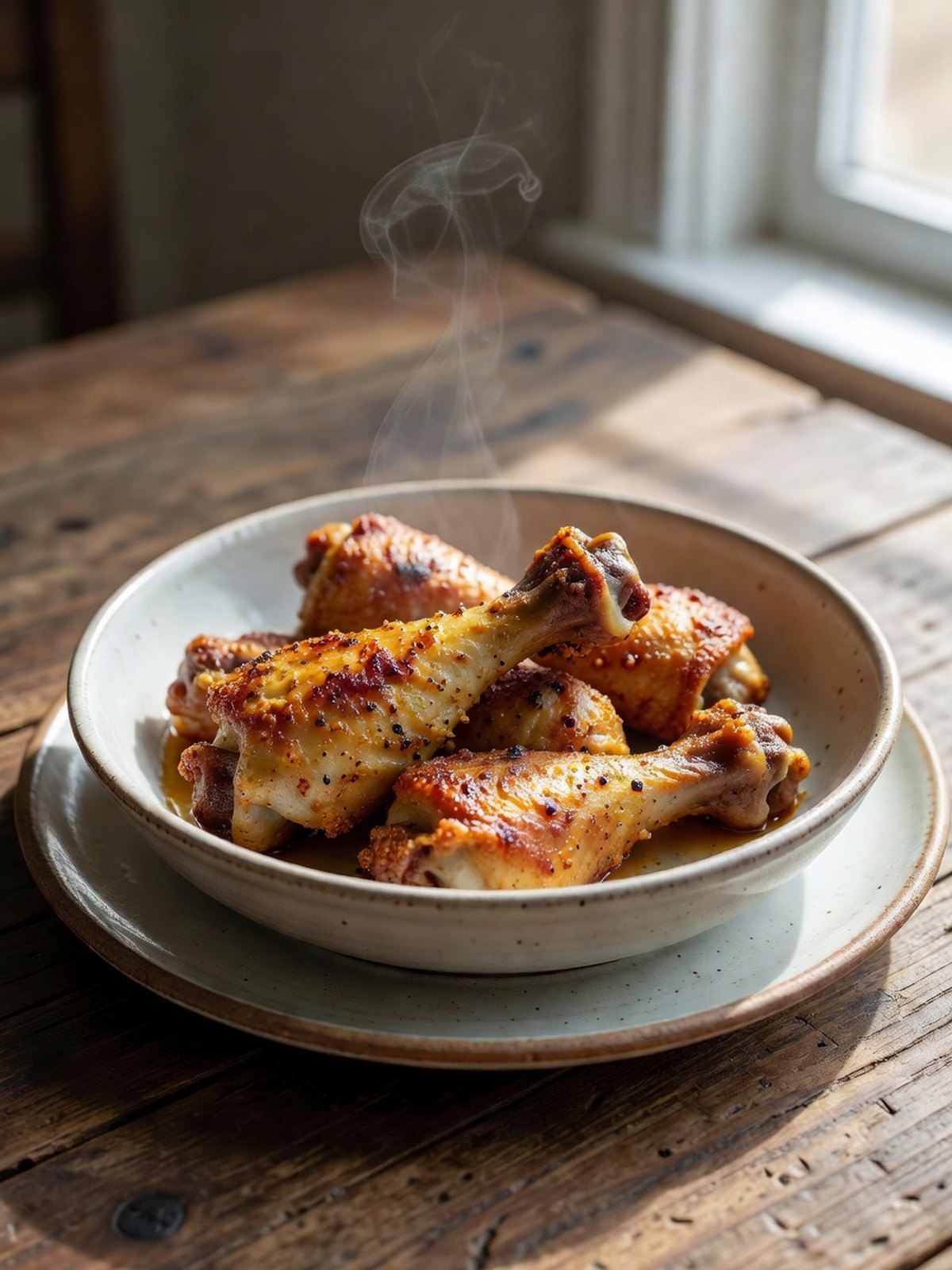 Golden honey mustard chicken drumsticks stacked on a plate