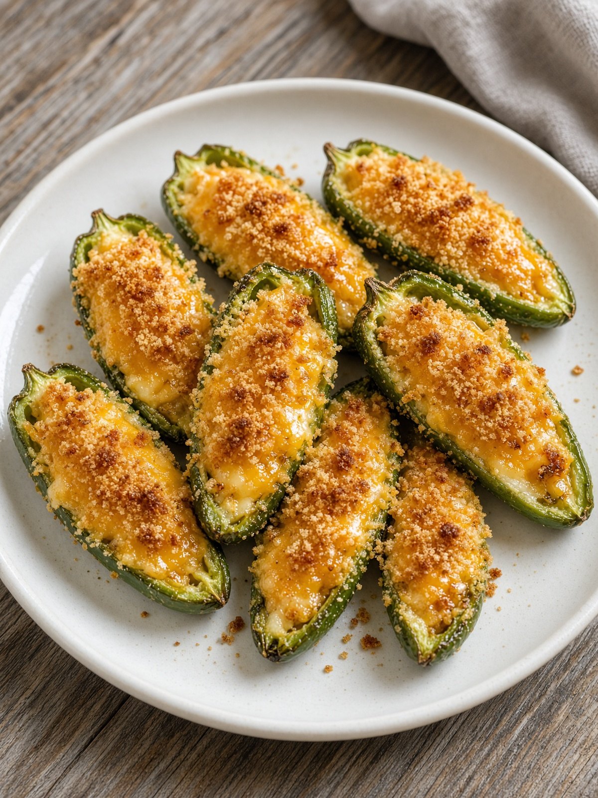 Halved jalapeño poppers with melted cheddar on a wooden board