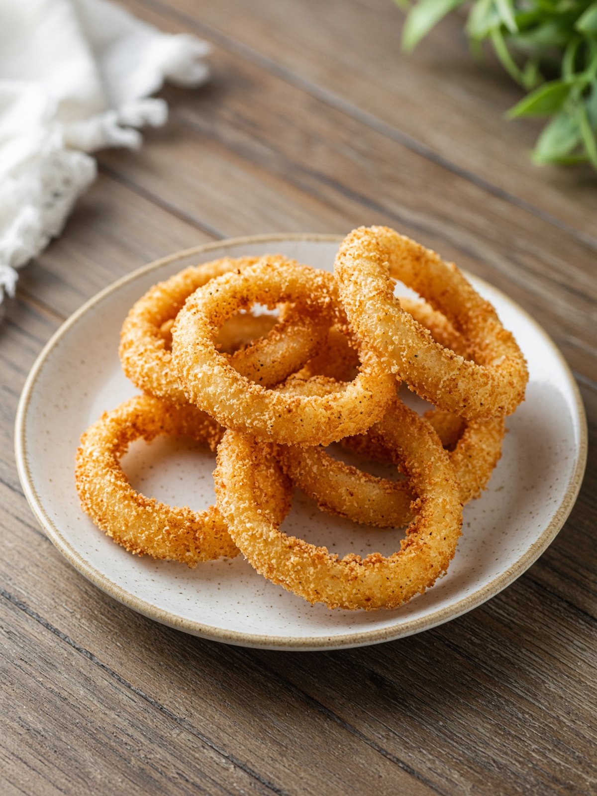 A pile of golden onion rings with a small dish of ketchup