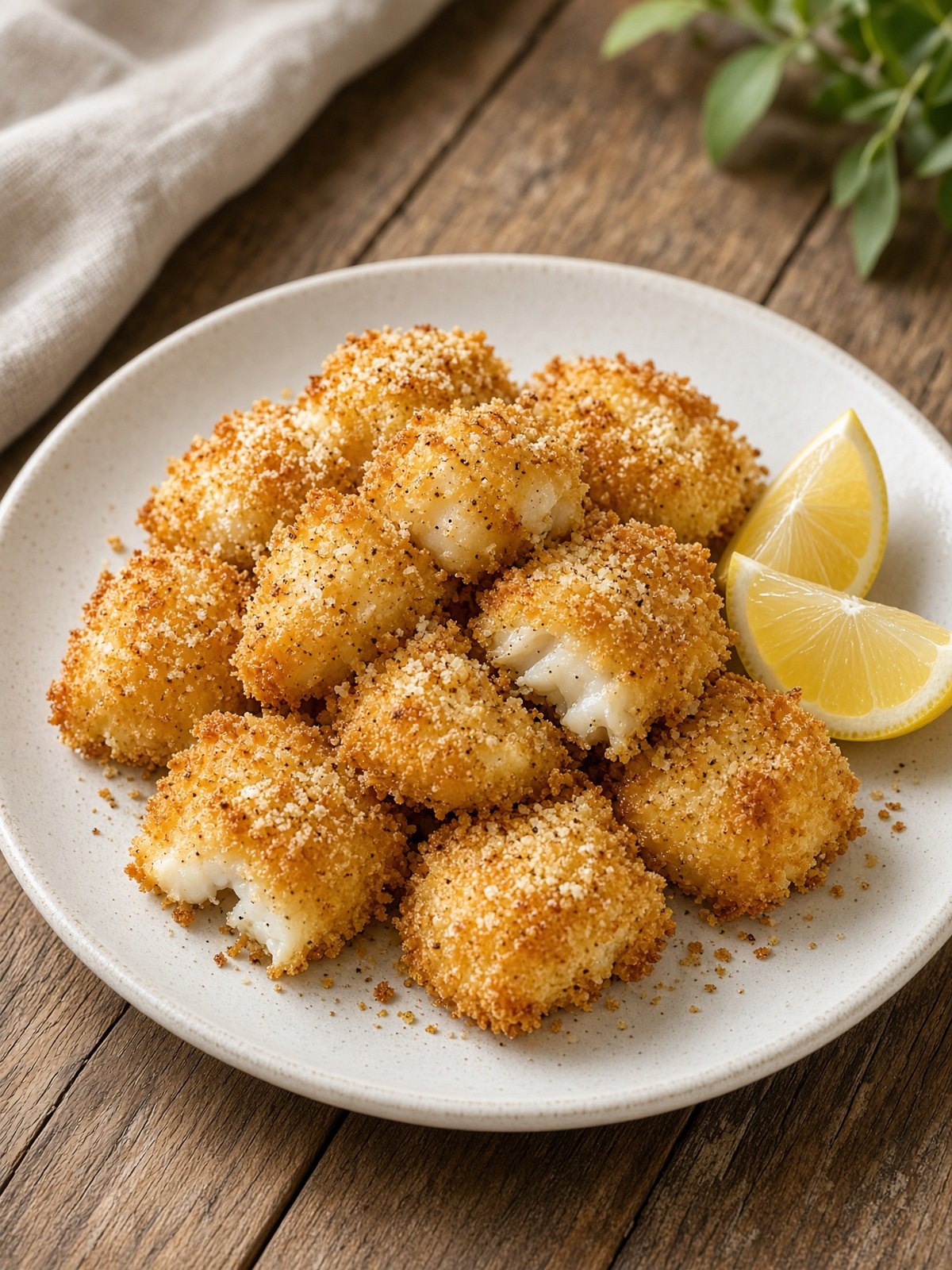 Golden air-fried parmesan cod bites on a plate with lemon wedges