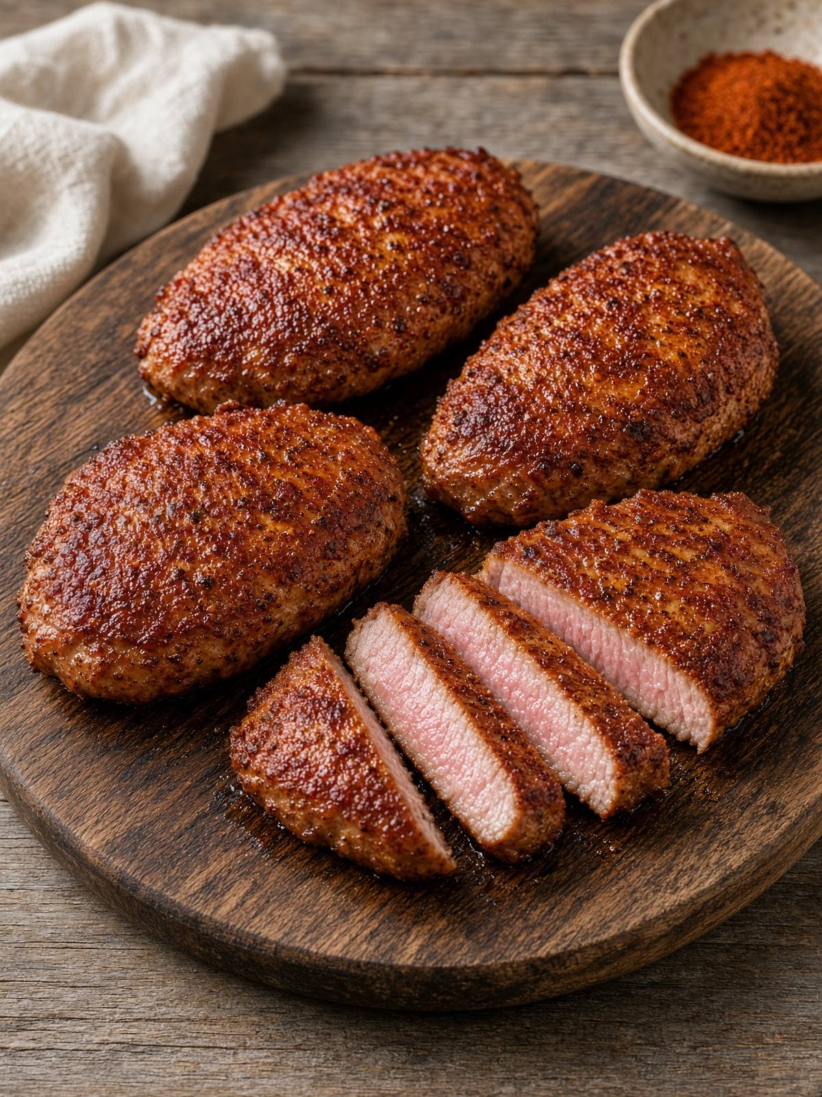 Four thick boneless pork chops with a paprika-colored crust on a cutting board, one chop sliced to show a pale pink center after resting.