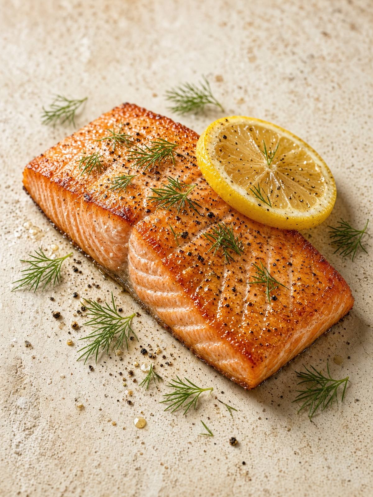 Four salmon fillets on a plate with lemon wedges and black pepper, one fillet broken with a fork to show a just-opaque pink center.
