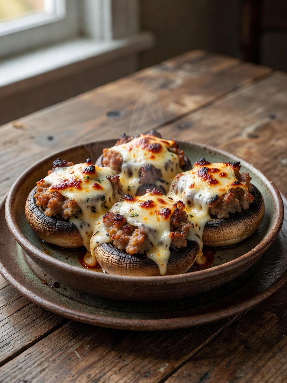 Browned sausage-stuffed mushrooms on a serving plate
