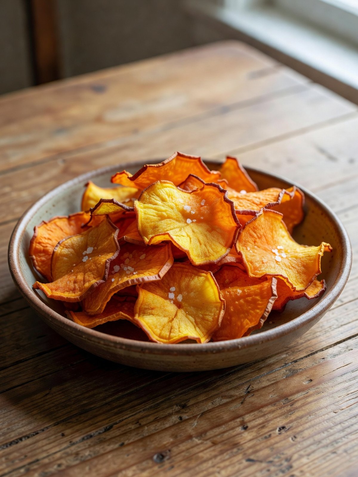Pile of crisp air-fried sweet potato chips