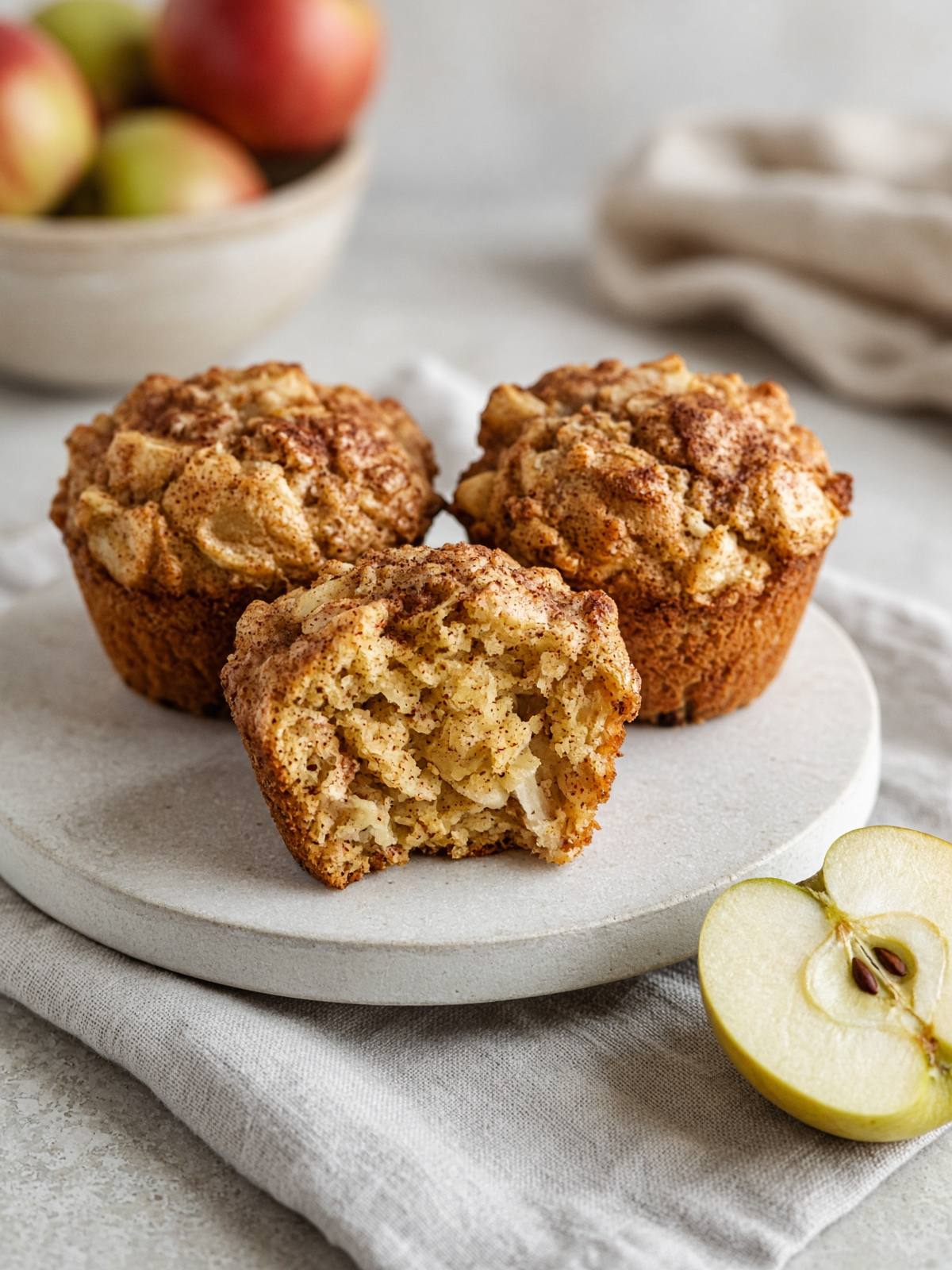 Apple cinnamon muffins with a browned top and visible apple pieces.