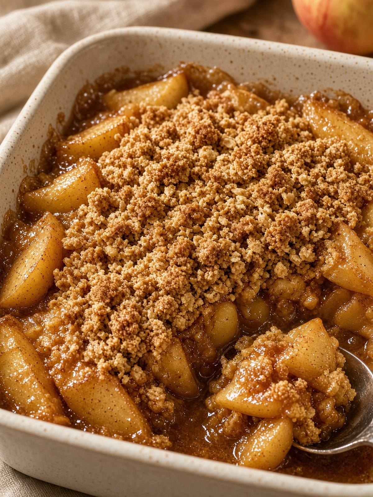 Baking dish of apple crisp with a browned oat topping and bubbling edges.