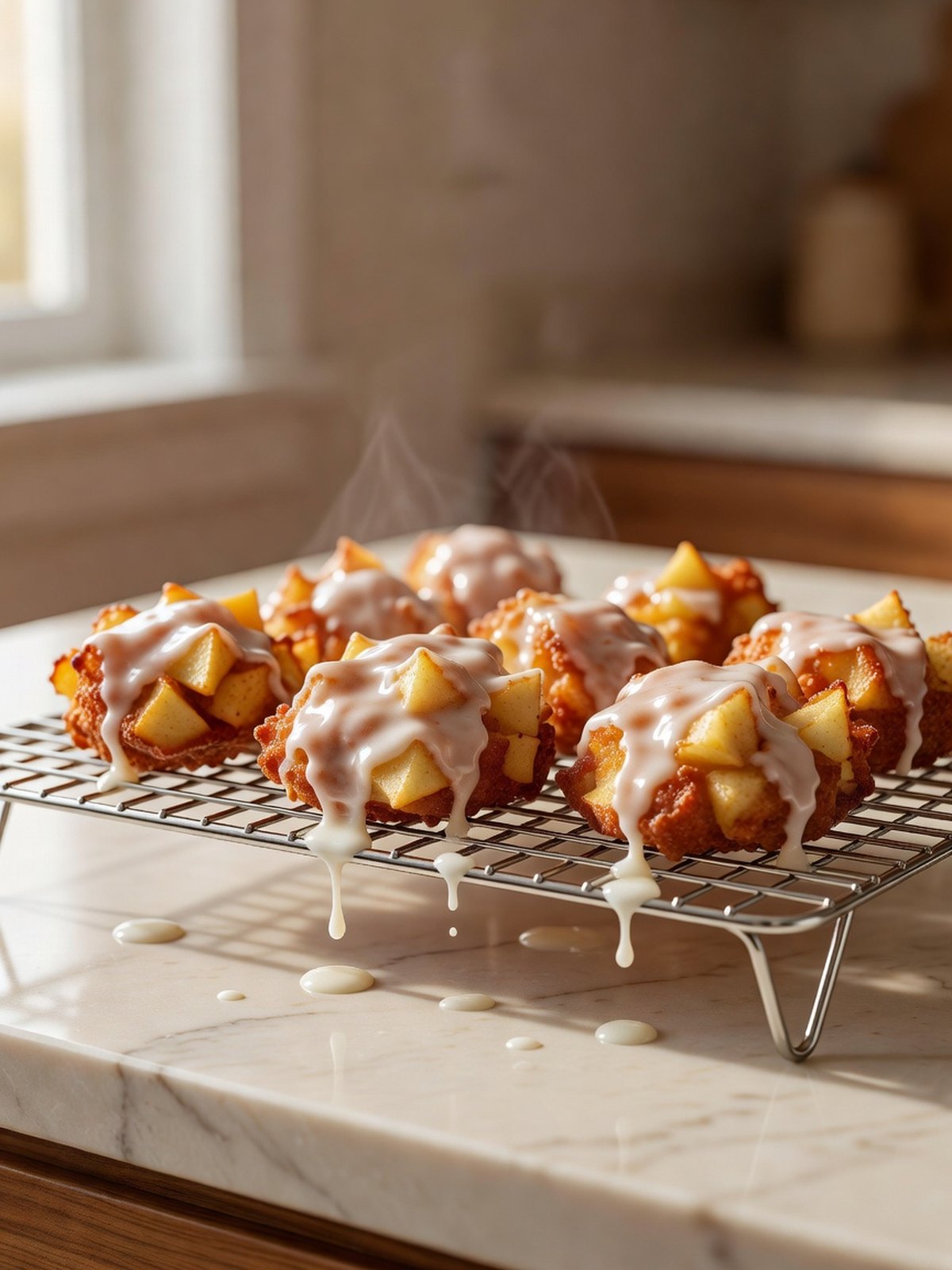 Golden apple fritters with a white glaze draining on a wire rack