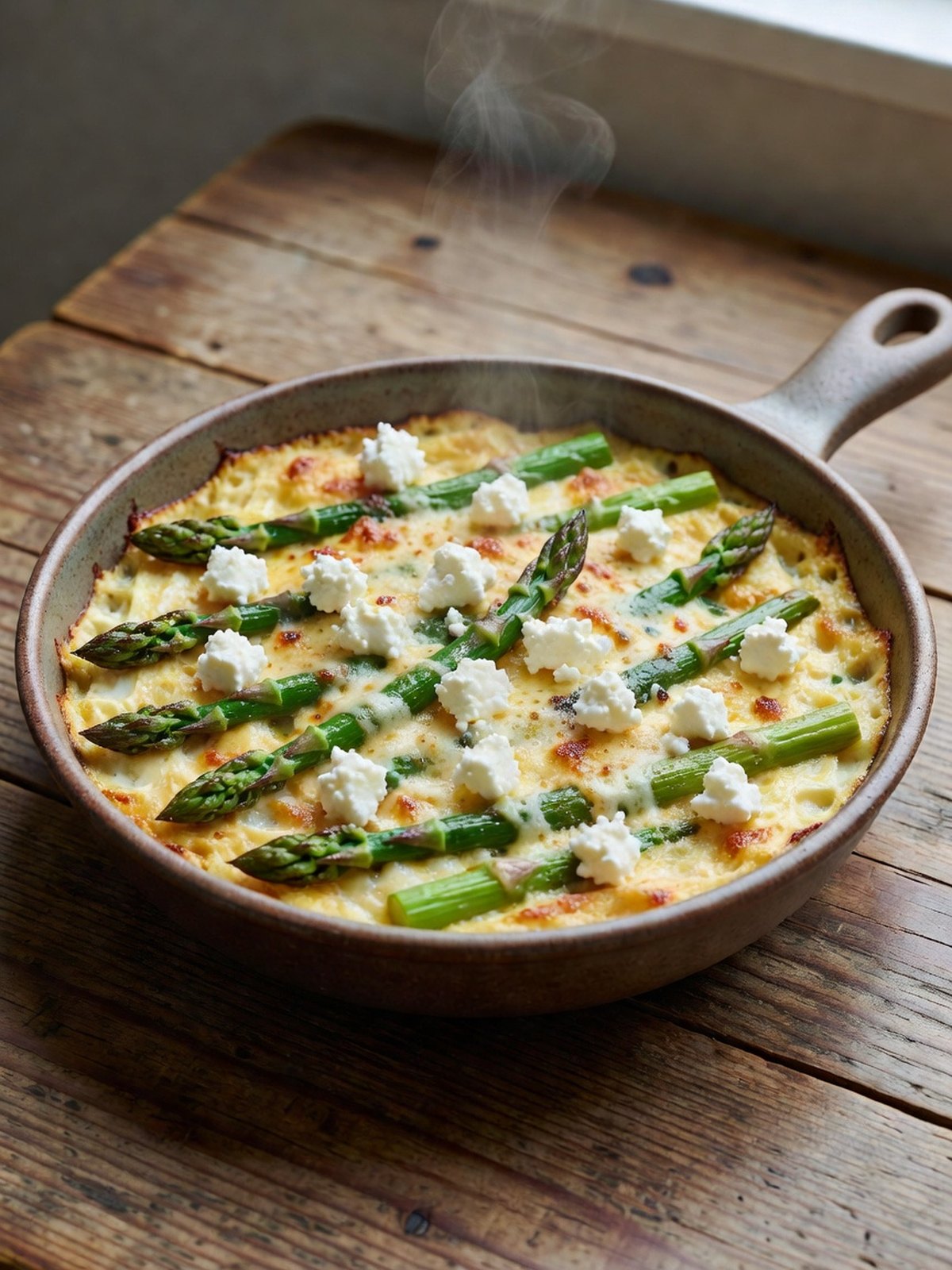 sliced asparagus feta egg bake in a ceramic dish with golden edges