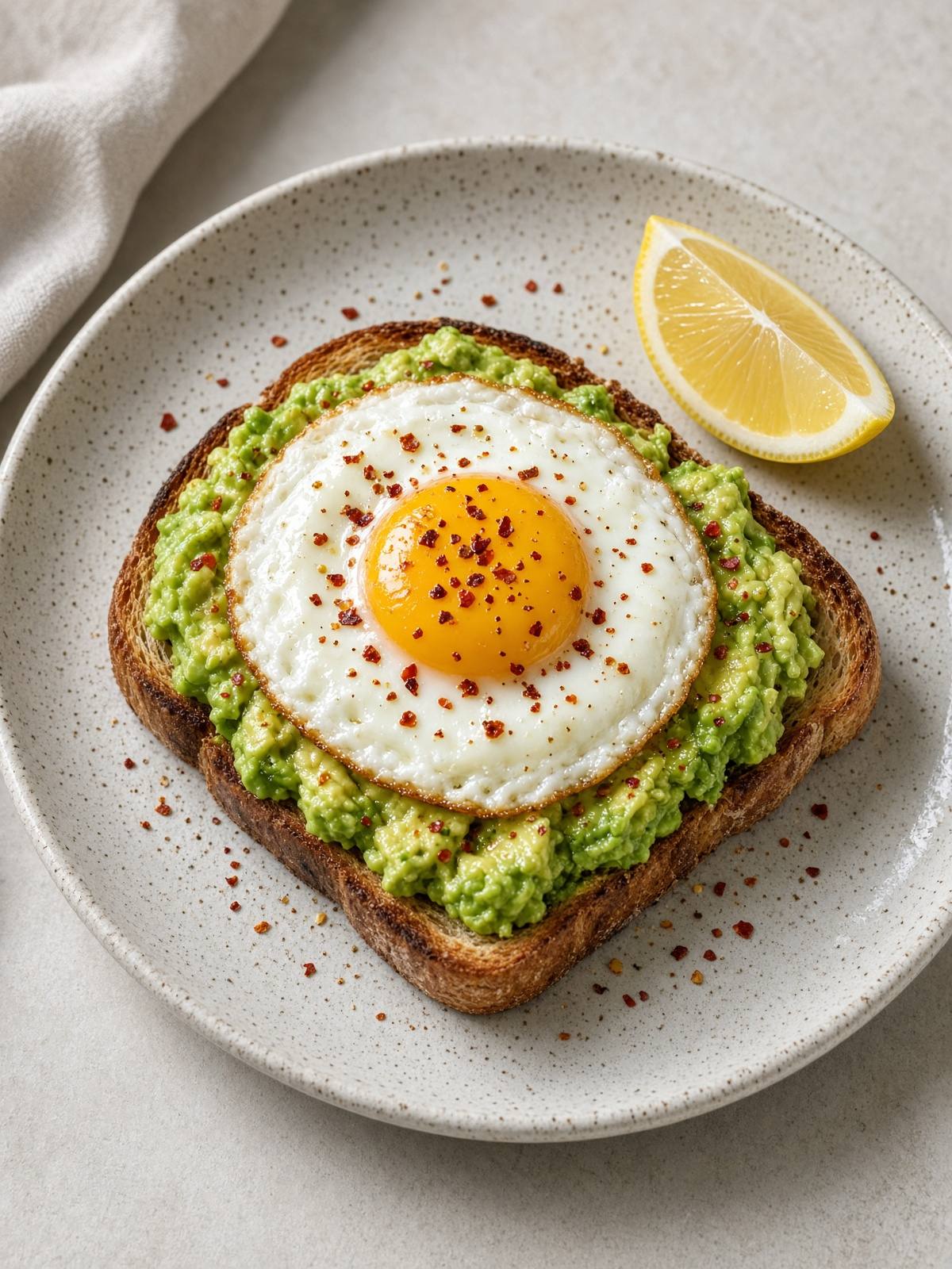 Toast topped with smashed avocado and a fried egg.