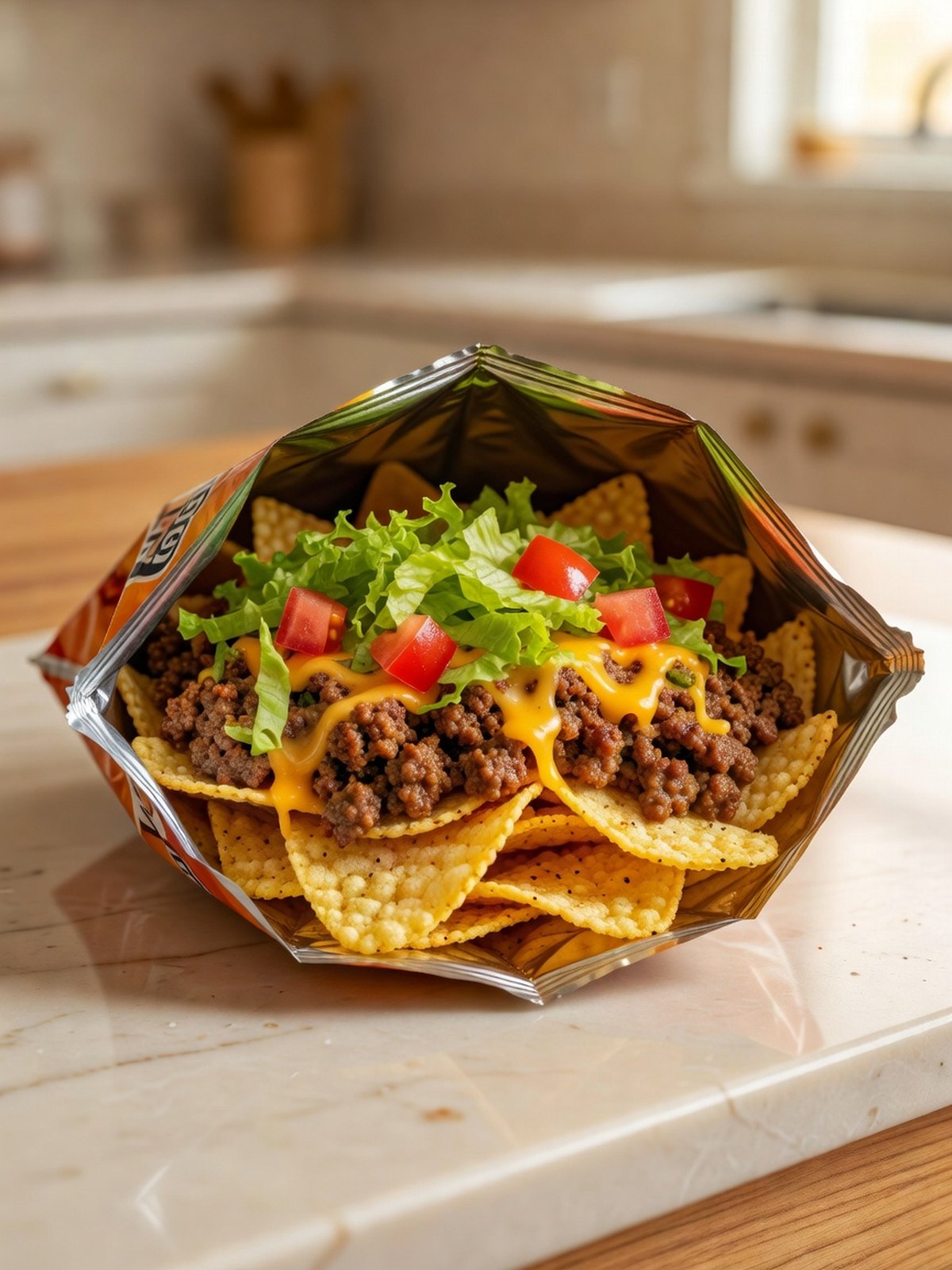 An open bag of corn chips topped with seasoned beef, lettuce, tomato, and cheddar