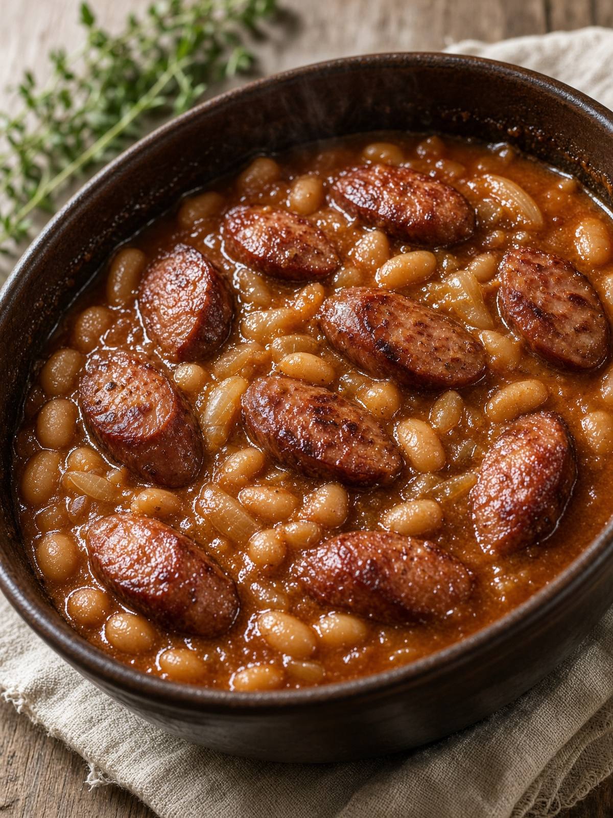Pot of baked beans with smoked sausage and onion.