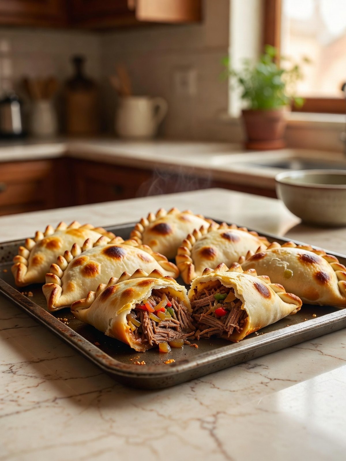 Golden baked beef empanadas on a sheet pan with one broken open to show the filling