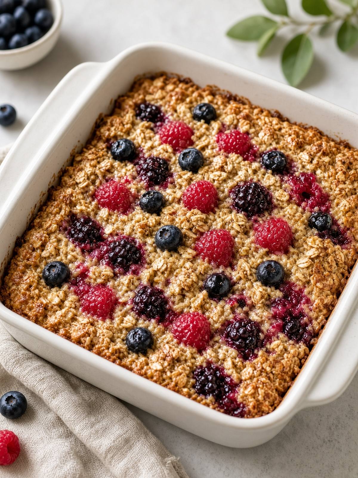 A baking dish of set oats studded with berries and a glossy maple top.