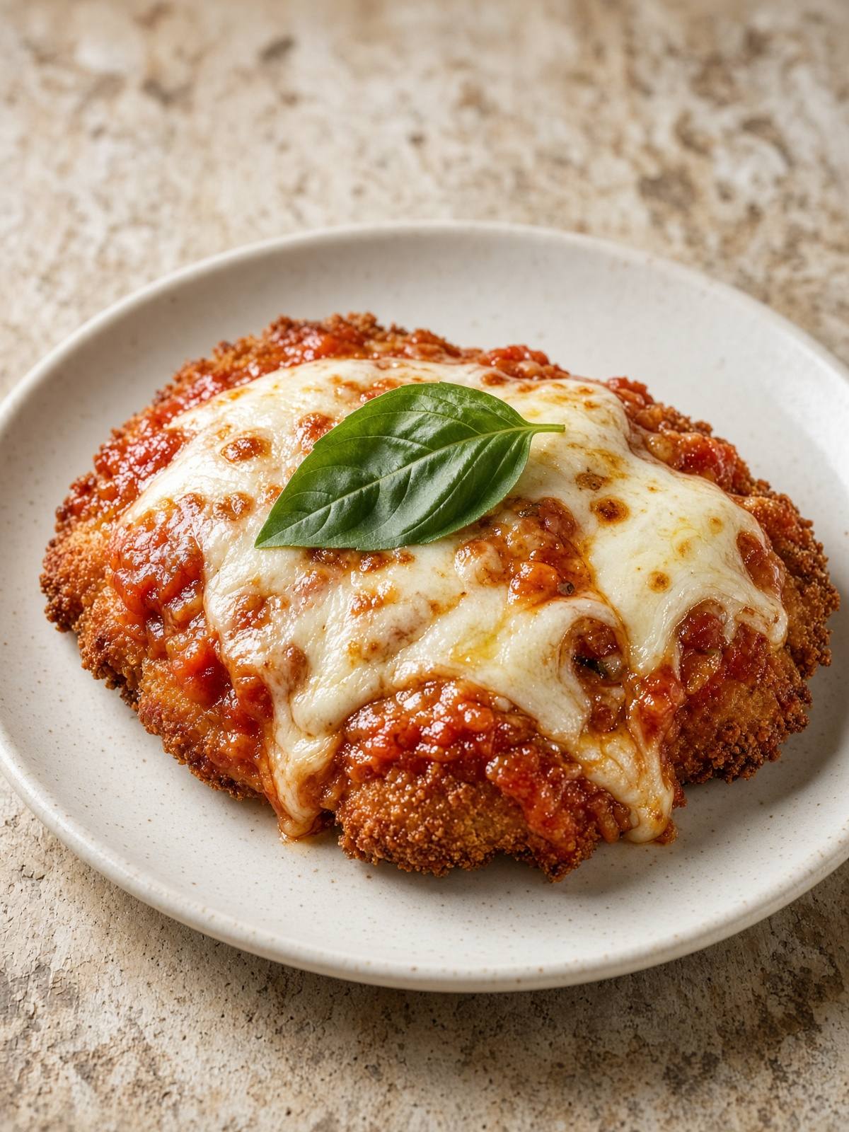 Breaded chicken topped with red sauce and melted mozzarella, with a basil leaf.