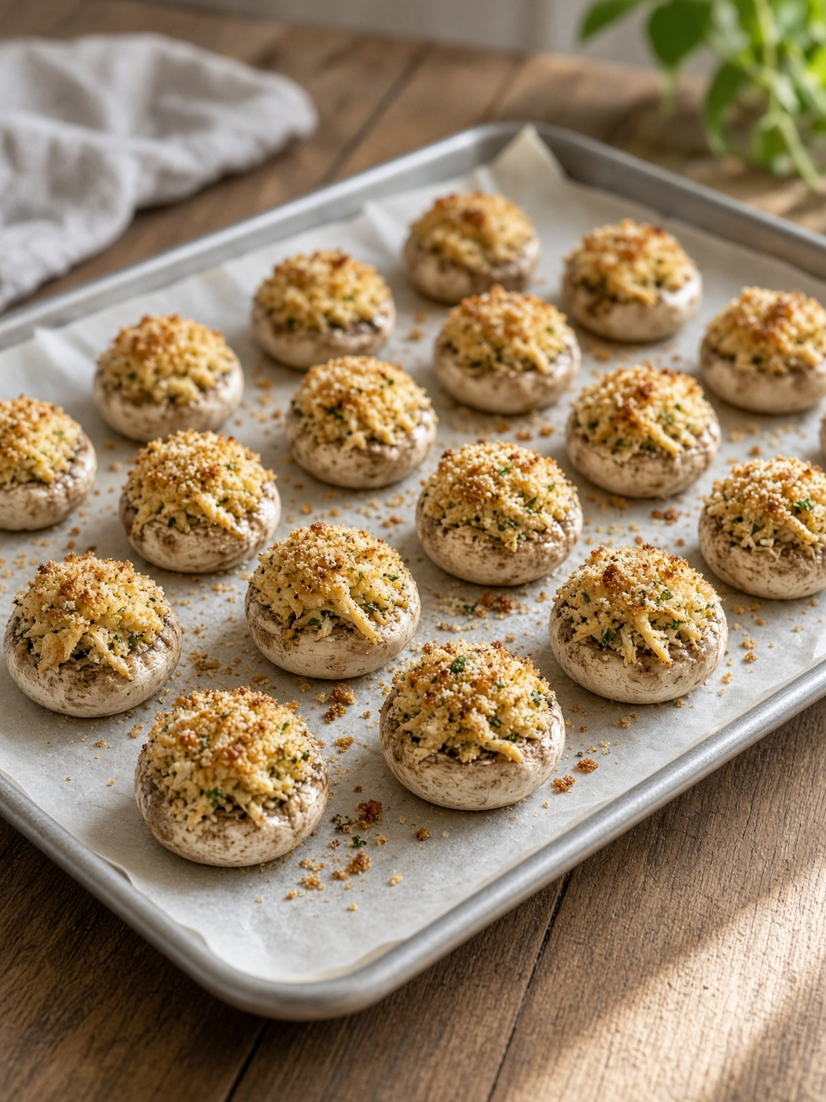 Golden baked mushroom caps filled with crab stuffing on a baking dish