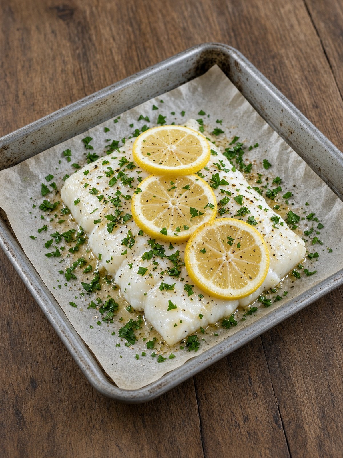 Baked cod fillets with lemon slices and chopped parsley on a sheet pan