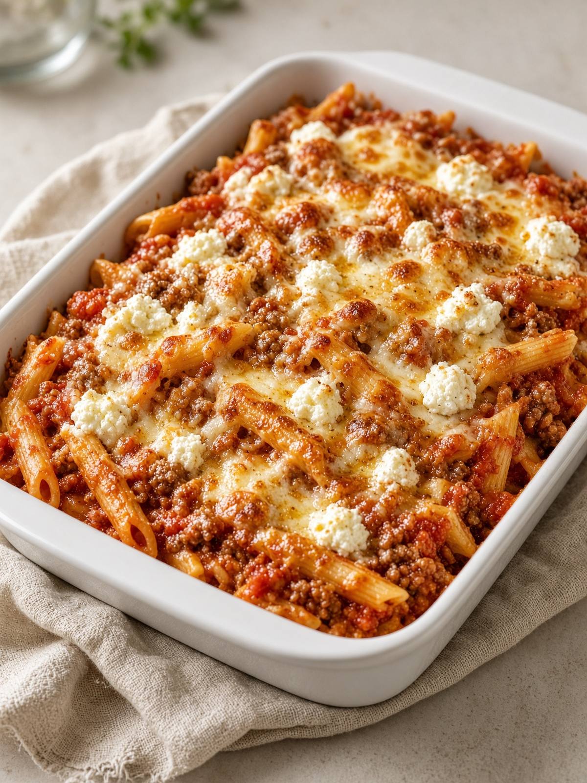 A bubbling pan of tube pasta and beef marinara with patches of ricotta under a browned mozzarella top.