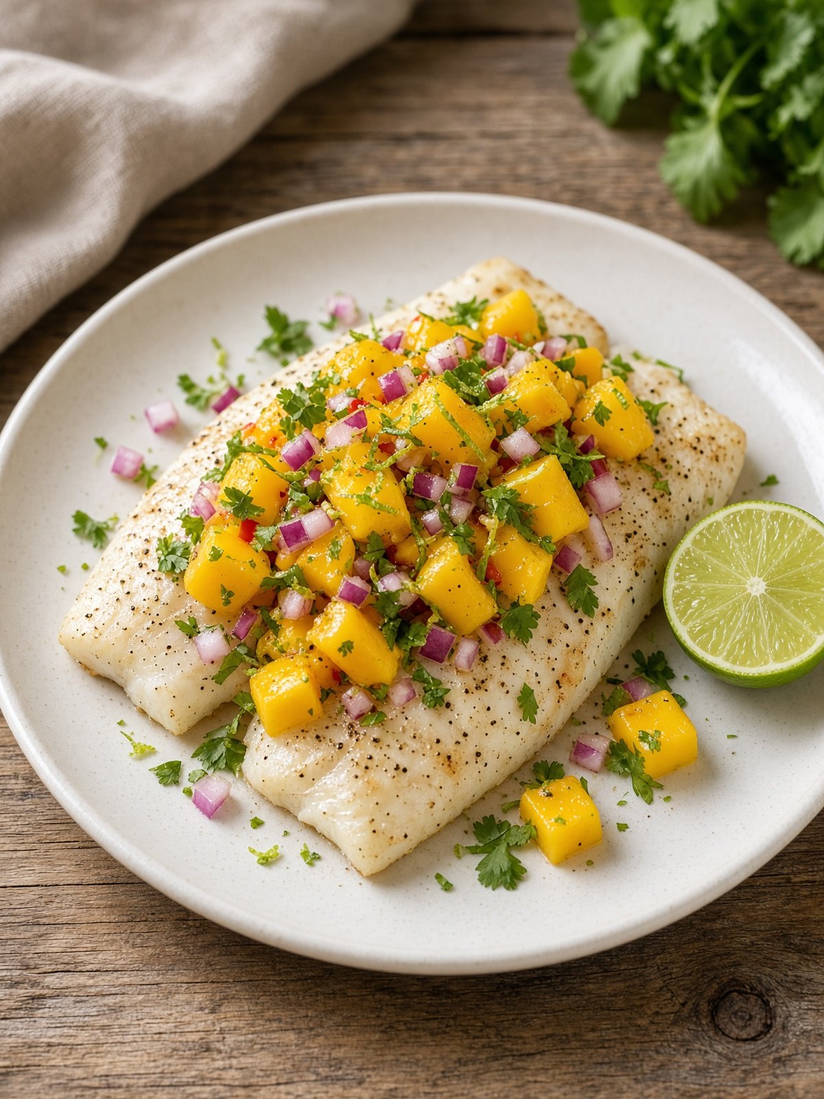 Baked tilapia fillets topped with diced mango salsa, red onion, and cilantro