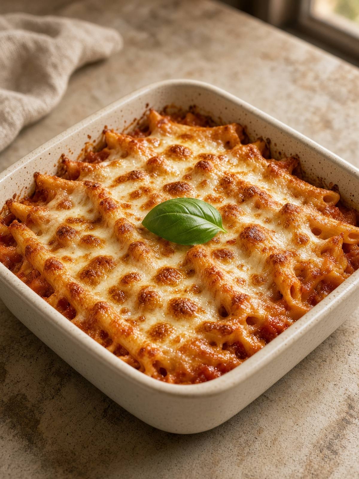 A rectangular baking dish of ziti in red sauce with a browned mozzarella top, one square lifted to show ricotta and pasta underneath.