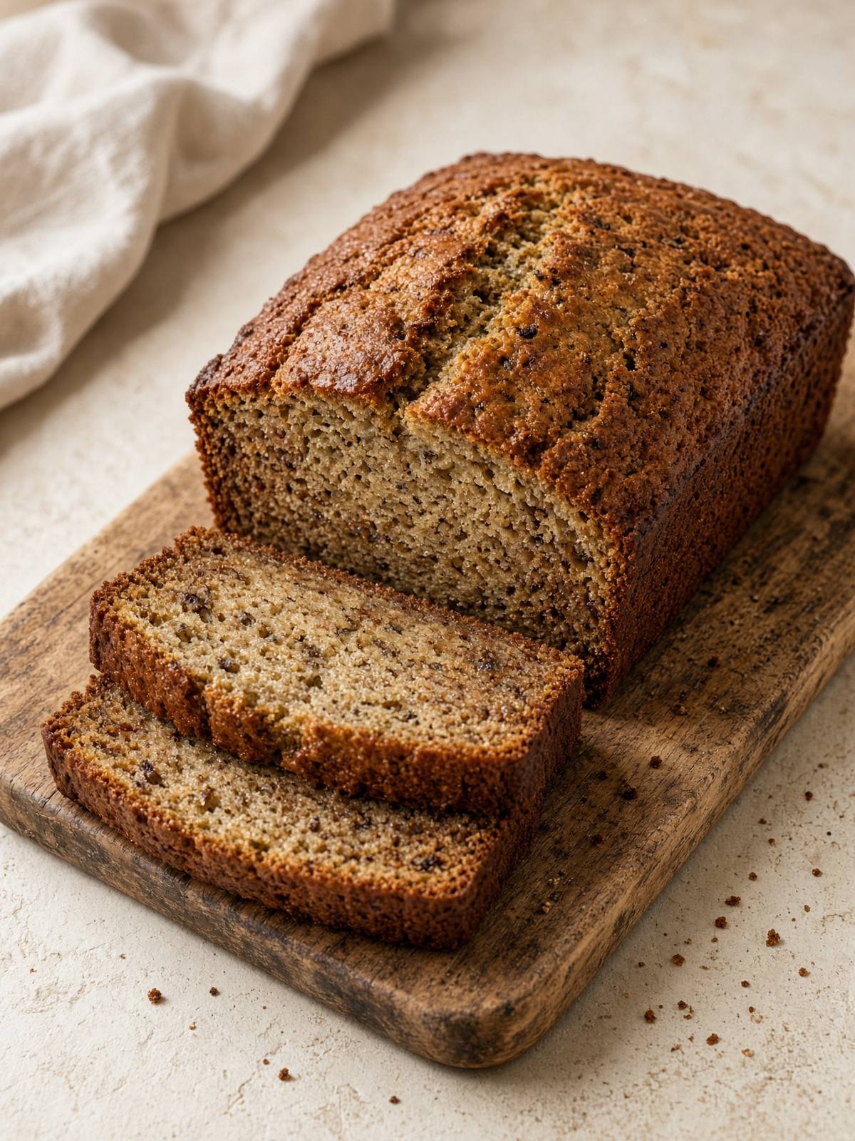 Sliced banana bread loaf with a browned crust and moist crumb.