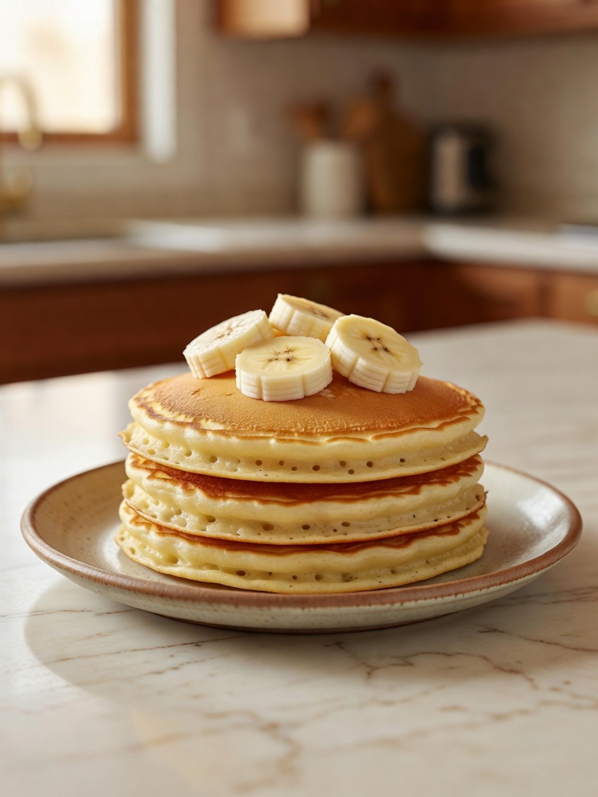 Stack of banana pancakes with sliced banana on a plate