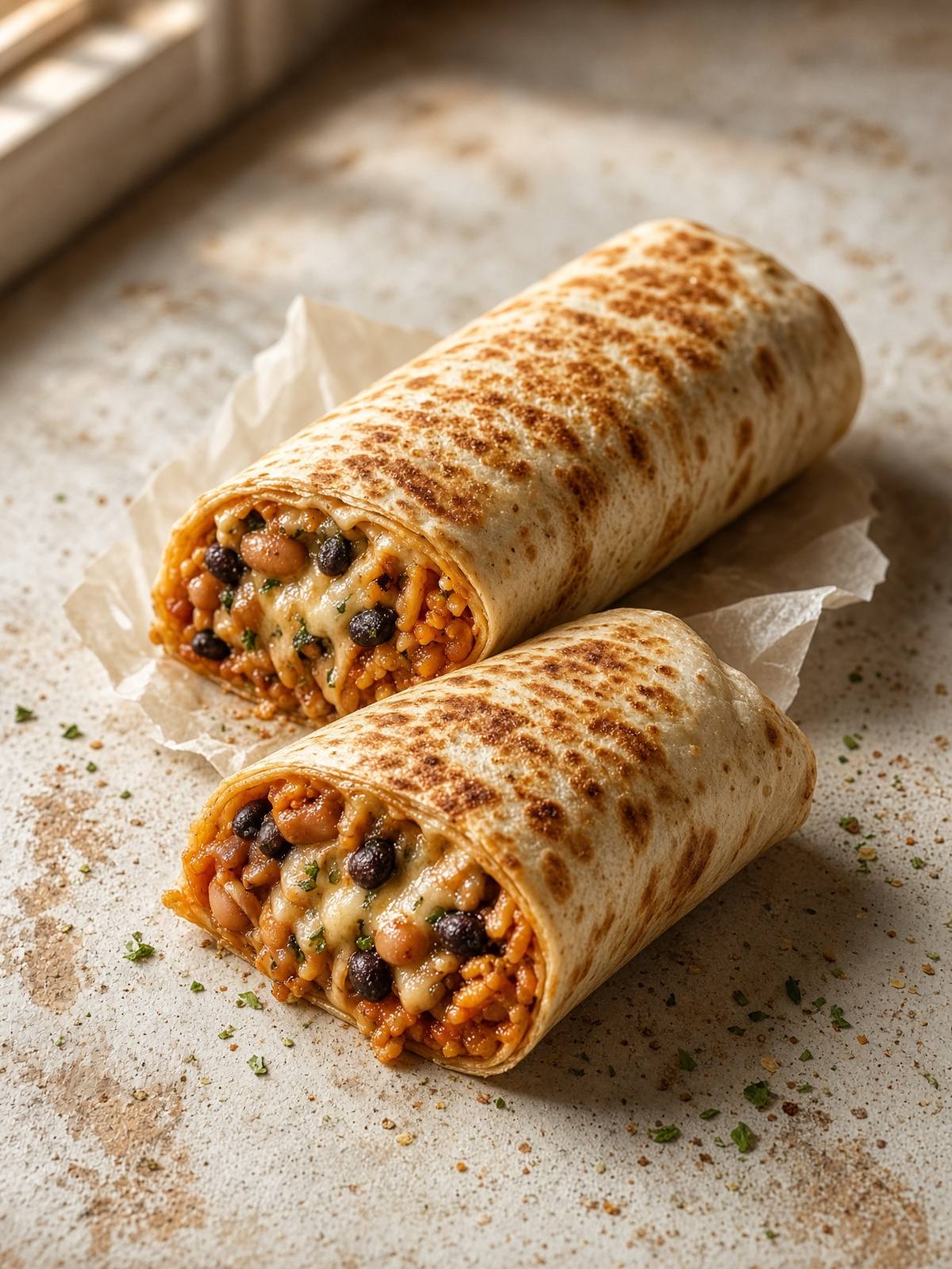 Two burritos, one cut open to show beans and melted cheese.