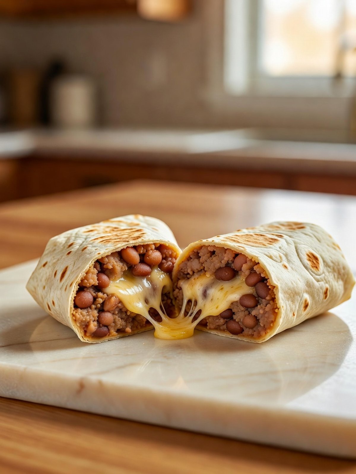 Bean burritos sliced open to show mashed pinto beans and melted cheese