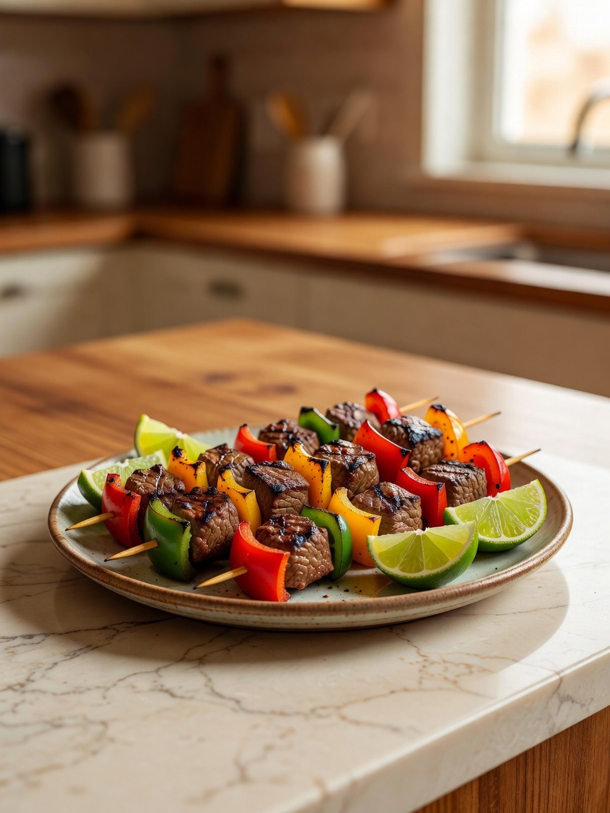 Grilled beef and bell pepper skewers on a platter with lime wedges