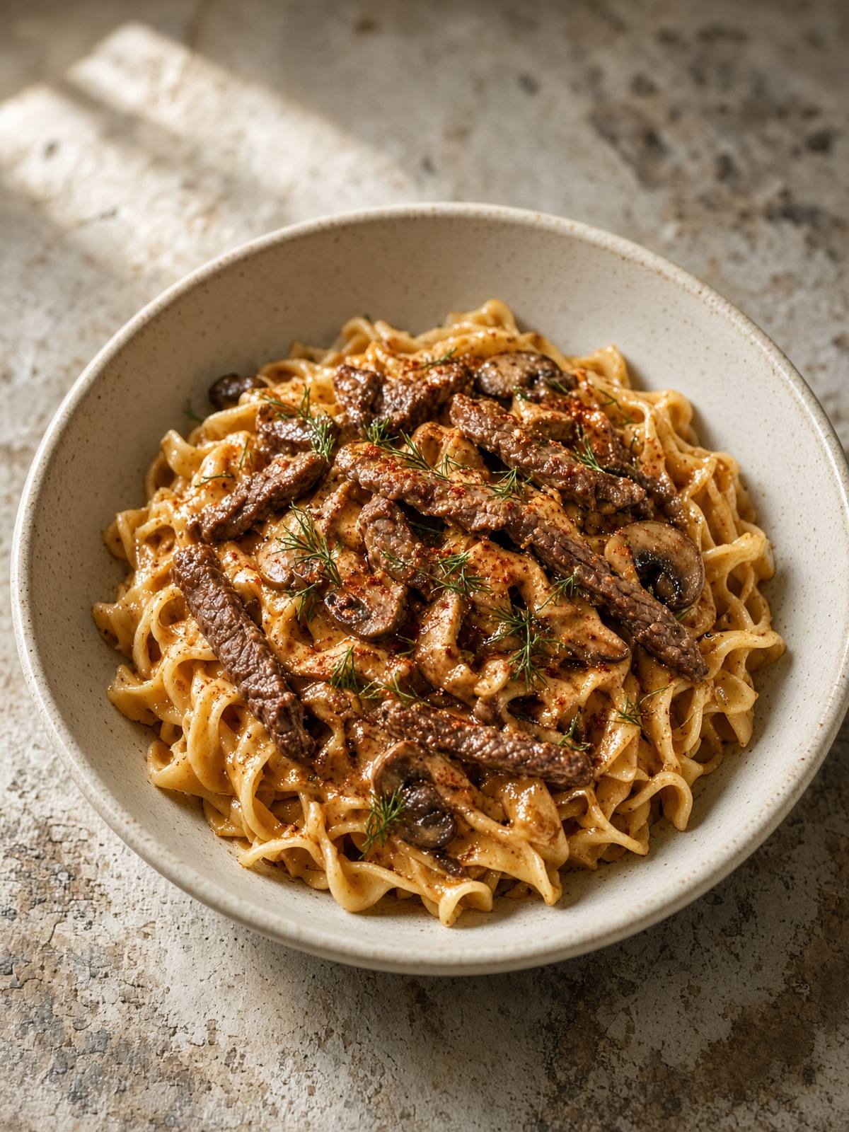 Egg noodles with beef strips and a mushroom paprika cream sauce, finished with dill.