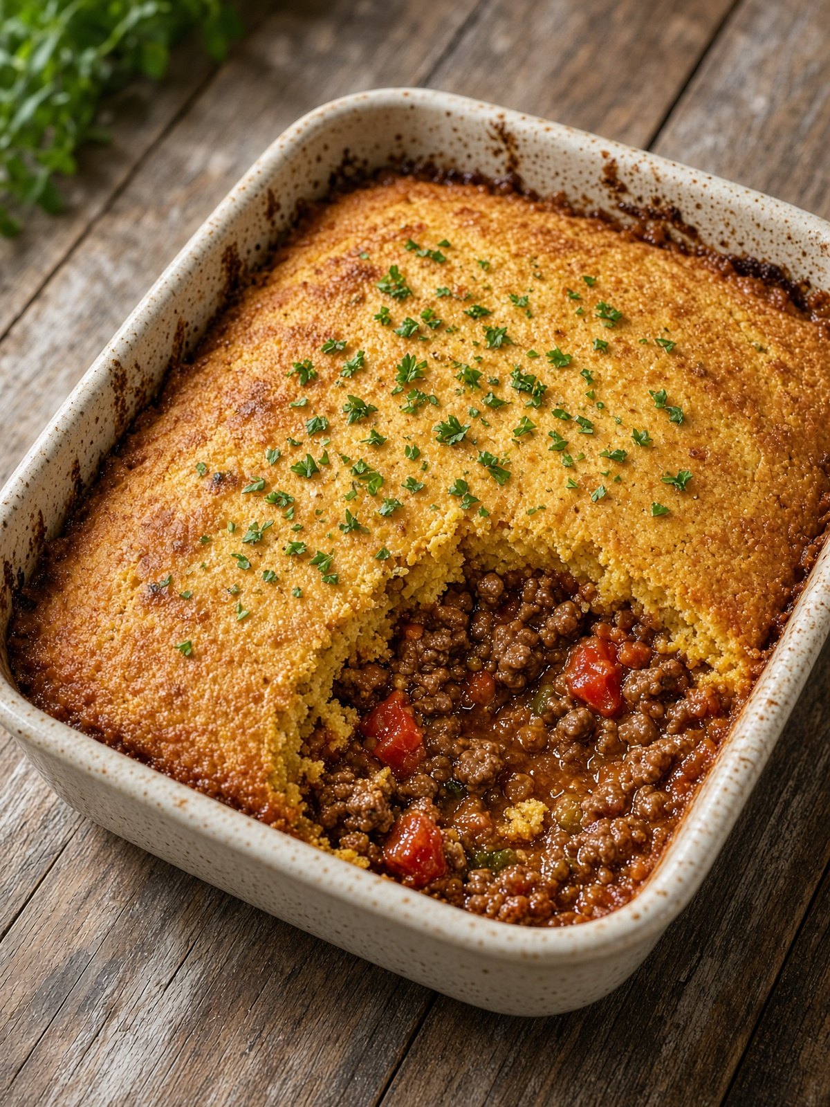 A wedge of tamale pie with a cornmeal top and beef filling