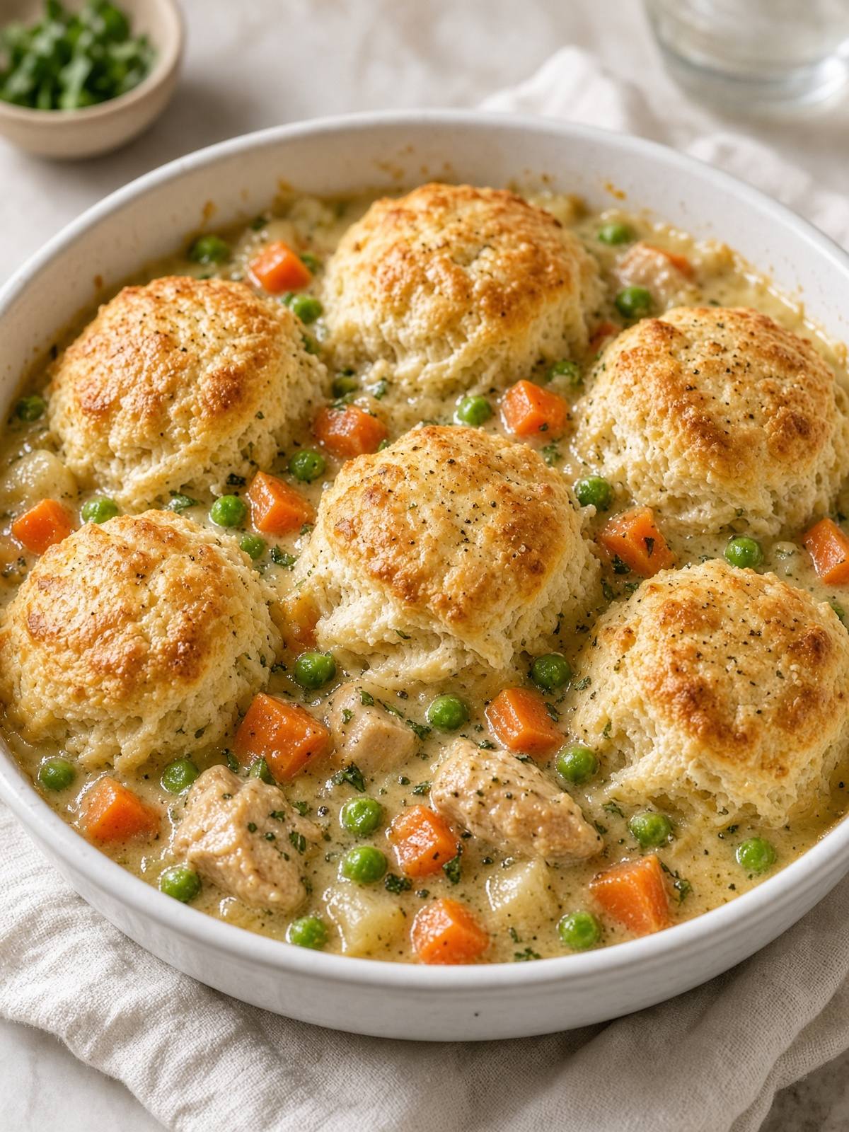 Golden biscuit rounds over a creamy chicken, pea, and carrot filling that bubbles at the edges of the dish.