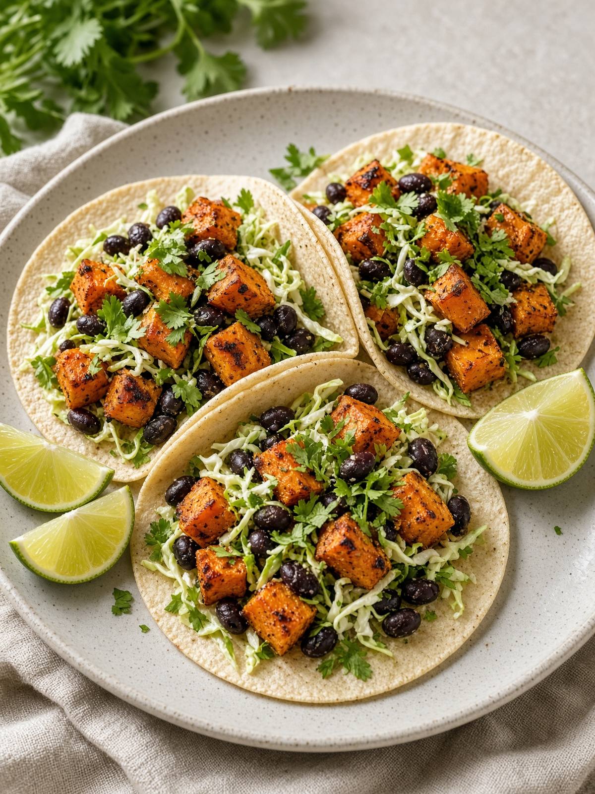 Tortillas filled with roasted sweet potato, black beans, and cabbage slaw.