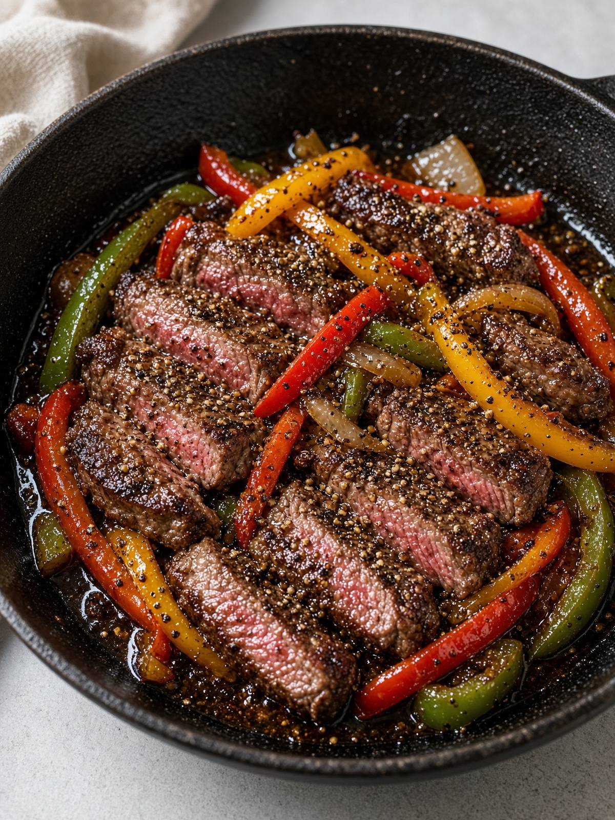 Sliced steak and bell peppers in a black pepper sauce.