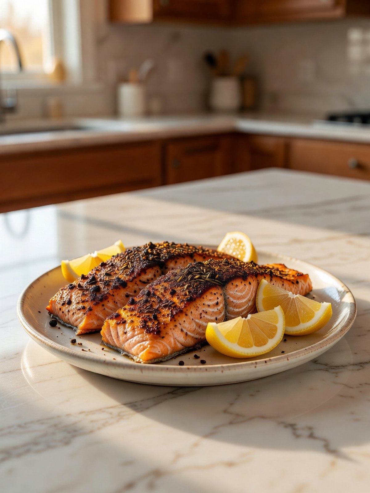 Blackened salmon fillets with a dark spice crust and lemon wedges